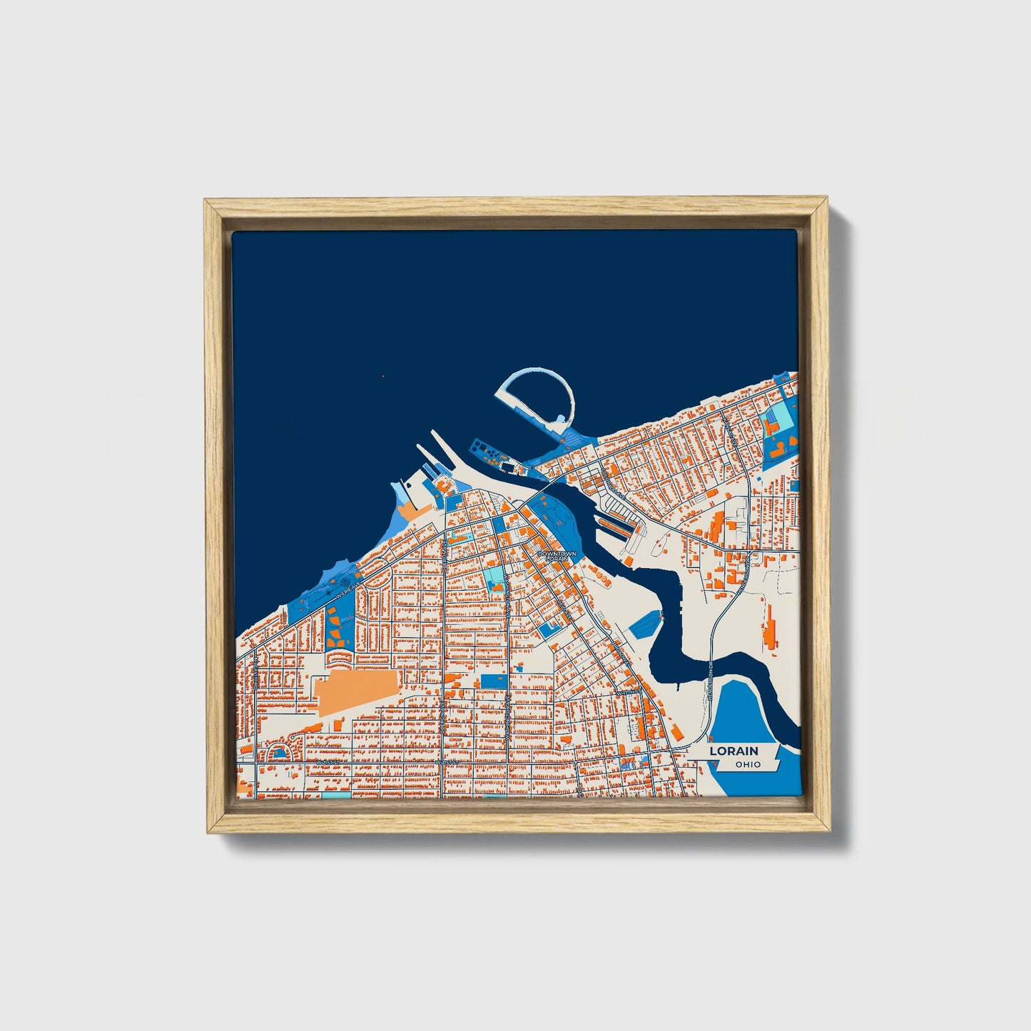 Lorain Ohio Colorful City Map Canvas Print • Natural Wooden Framed