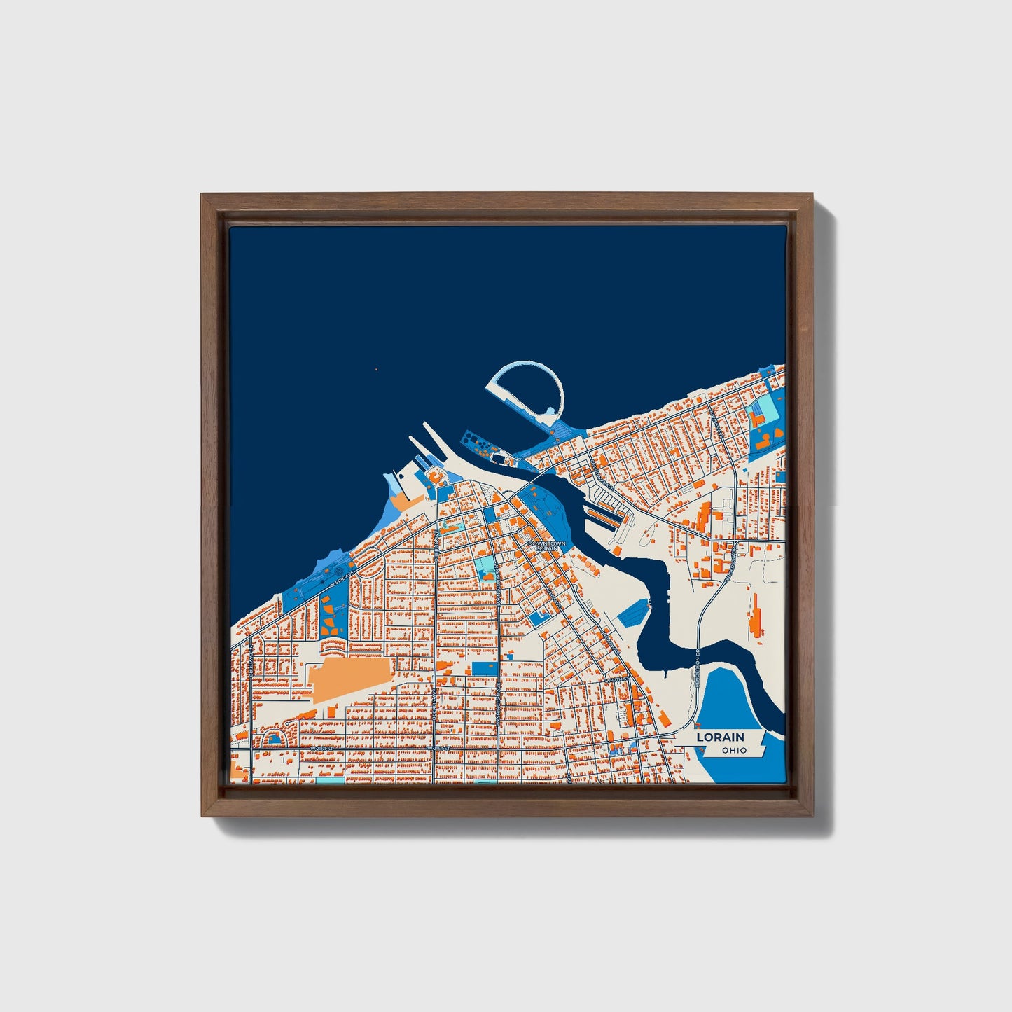 Lorain Ohio Colorful City Map Canvas Print • Dark Wooden Framed