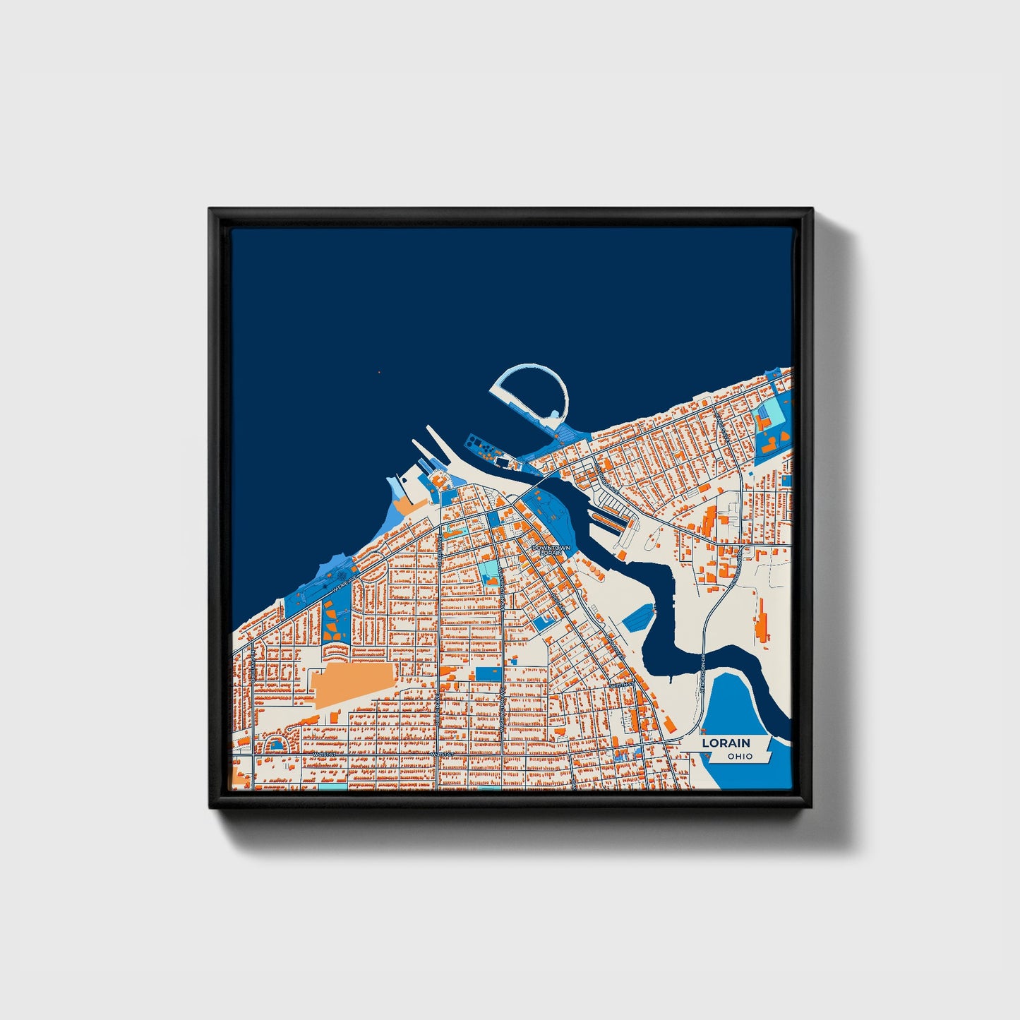 Lorain Ohio Colorful City Map Canvas Print • Black Framed
