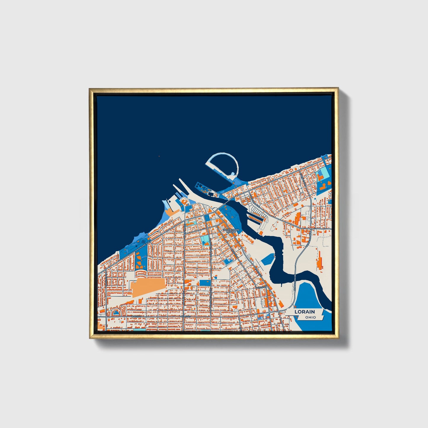 Lorain Ohio Colorful City Map Canvas Print • Gold Framed