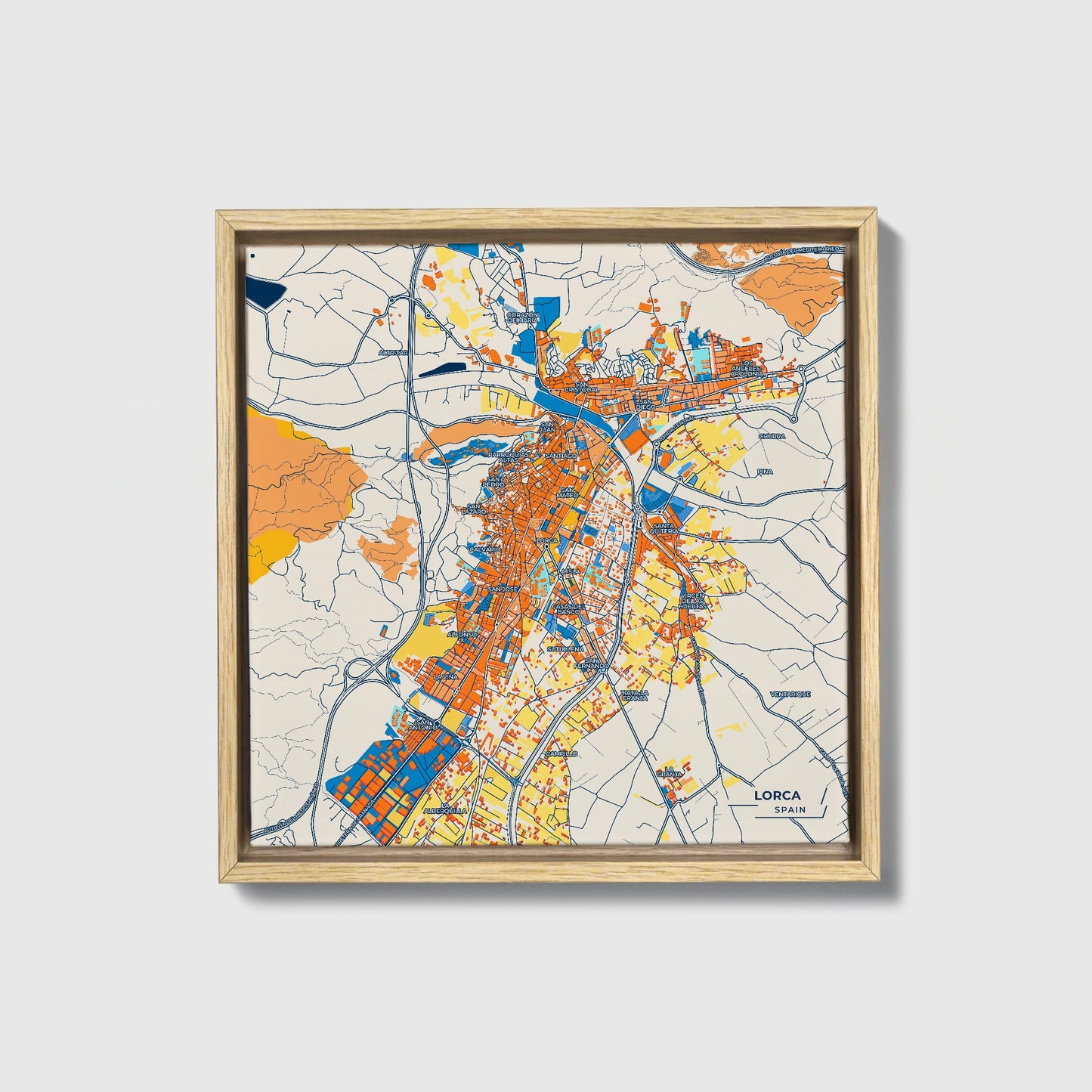 Lorca Spain Colorful City Map Canvas Print • Natural Wooden Framed