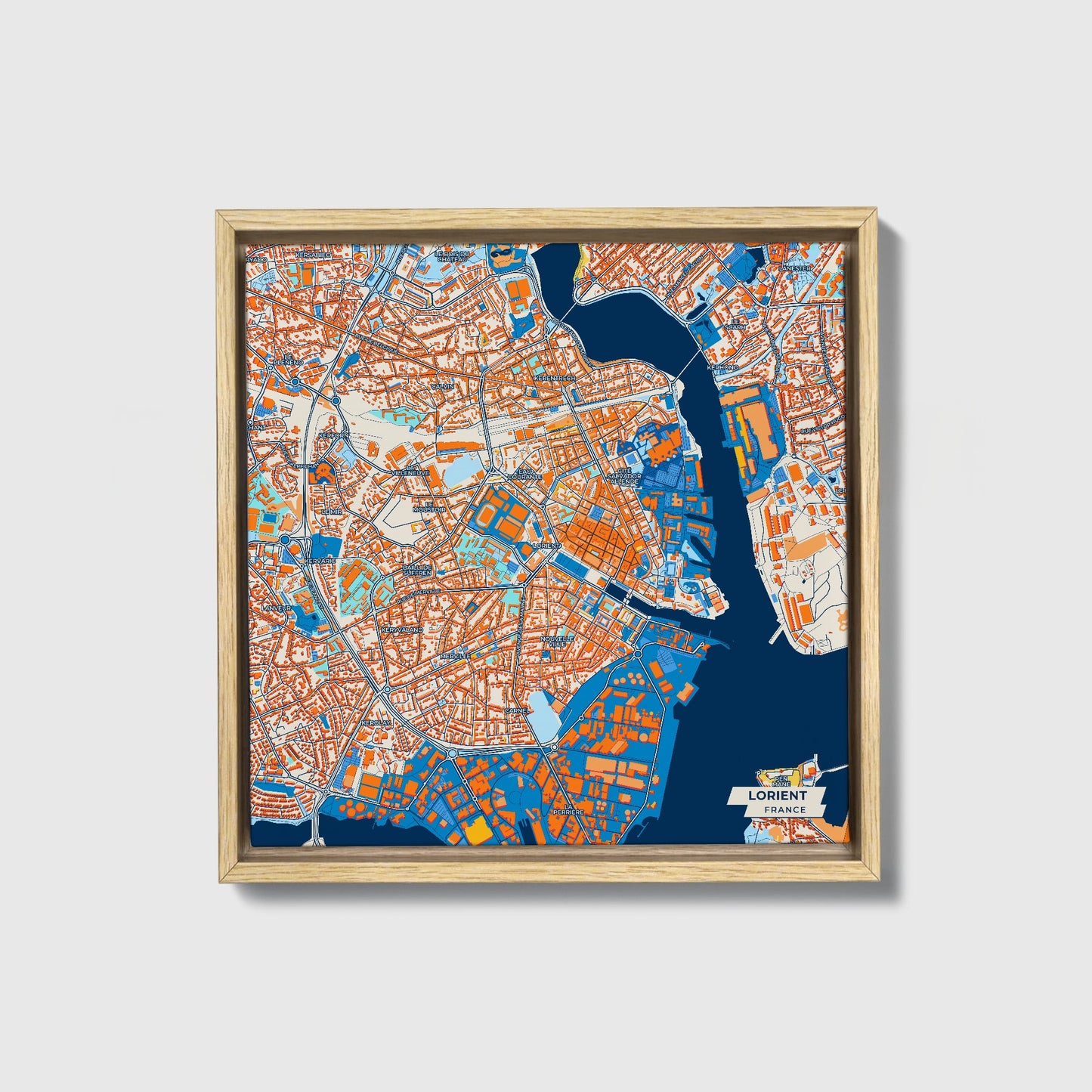 Lorient France Colorful City Map Canvas Print • Natural Wooden Framed