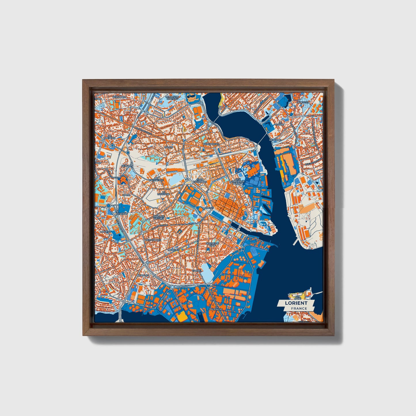 Lorient France Colorful City Map Canvas Print • Dark Wooden Framed