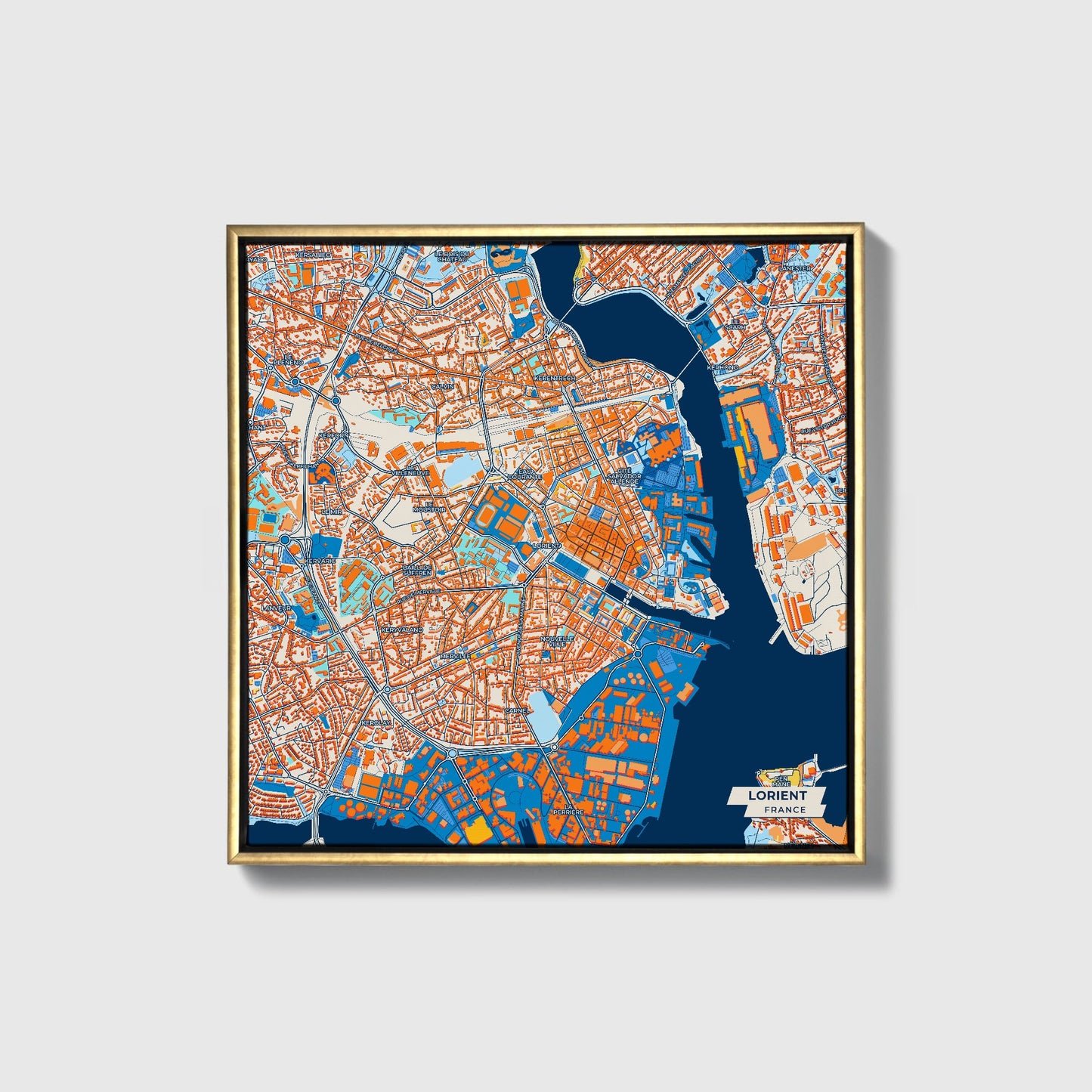 Lorient France Colorful City Map Canvas Print • Gold Framed