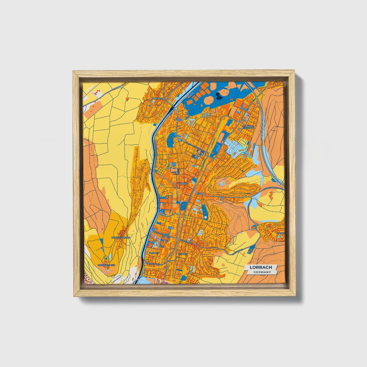 Lörrach Germany Colorful City Map Canvas Print • Natural Wooden Framed