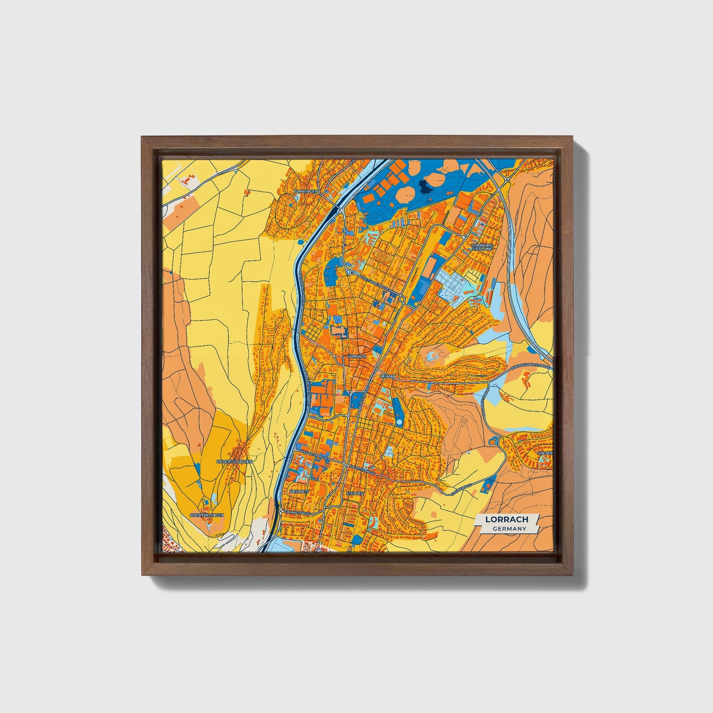 Lörrach Germany Colorful City Map Canvas Print • Dark Wooden Framed
