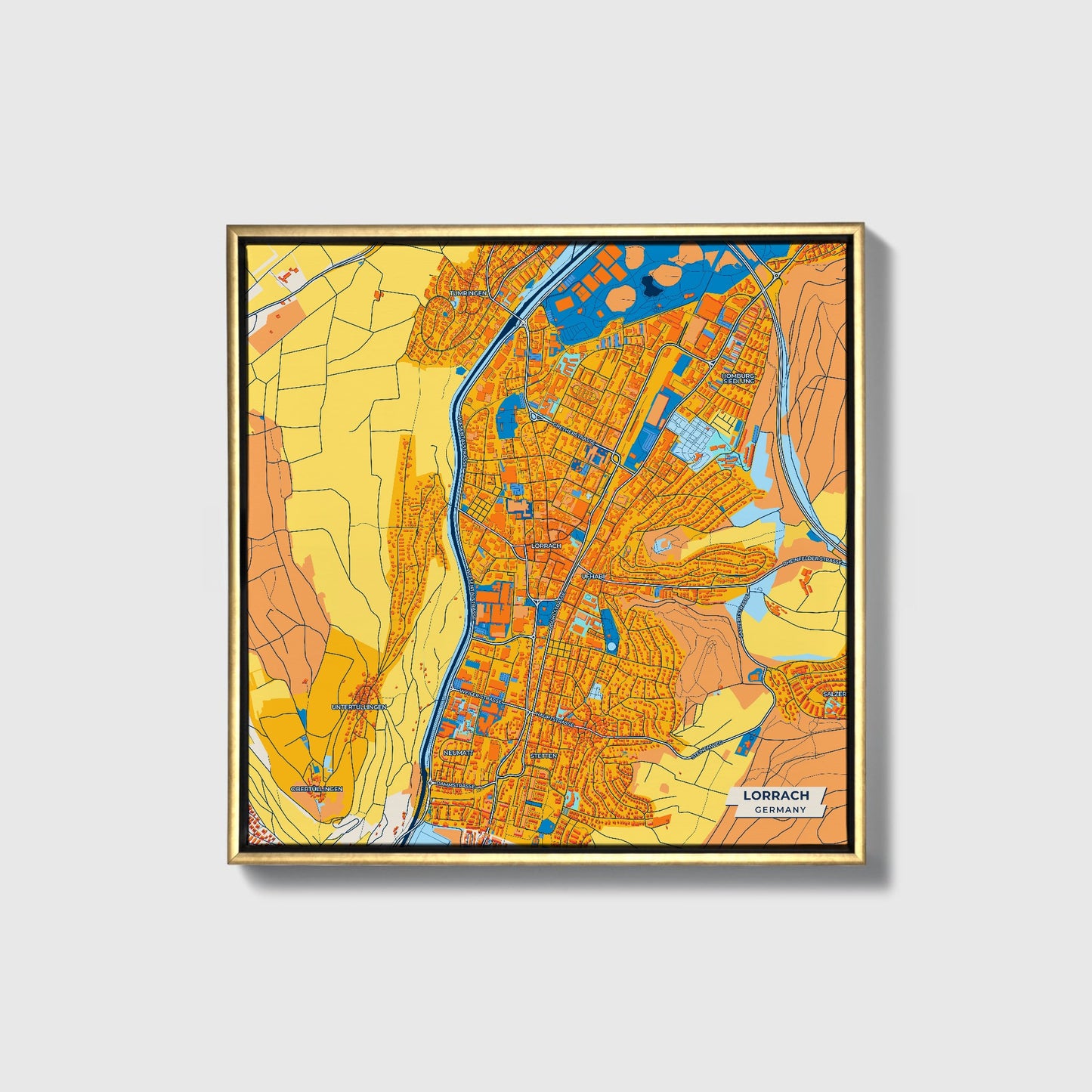 Lörrach Germany Colorful City Map Canvas Print • Gold Framed