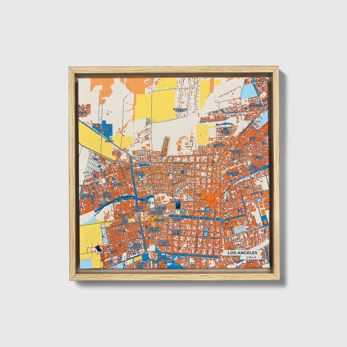 Los Angeles Chile Colorful City Map Canvas Print • Natural Wooden Framed