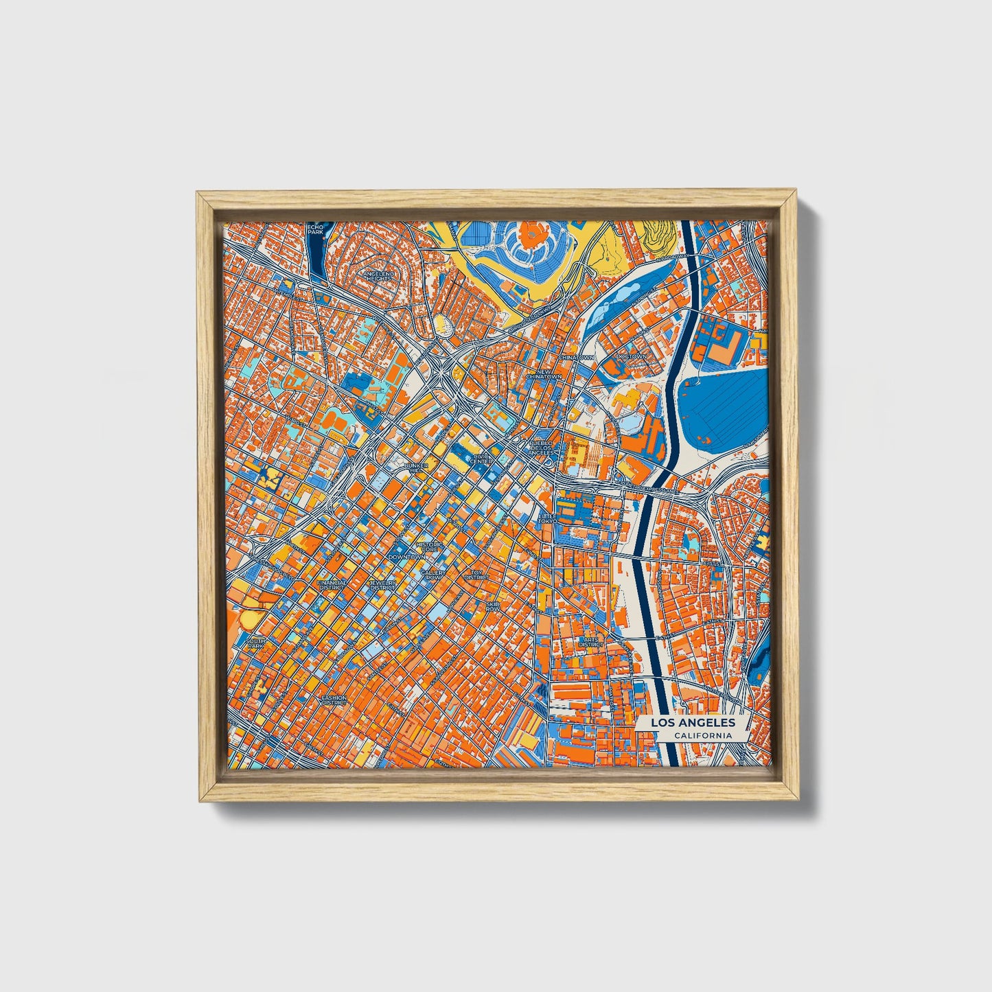Los Angeles California Colorful City Map Canvas Print • Natural Wooden Framed