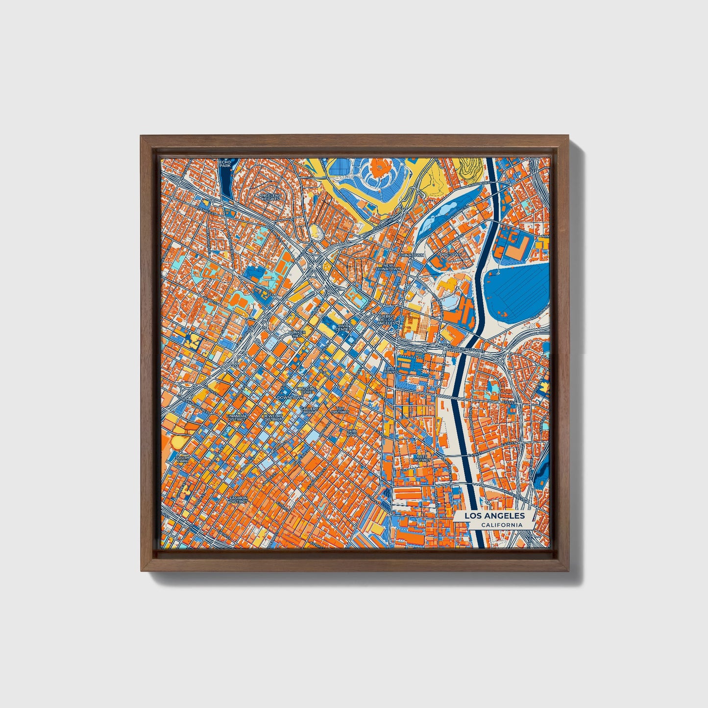 Los Angeles California Colorful City Map Canvas Print • Dark Wooden Framed