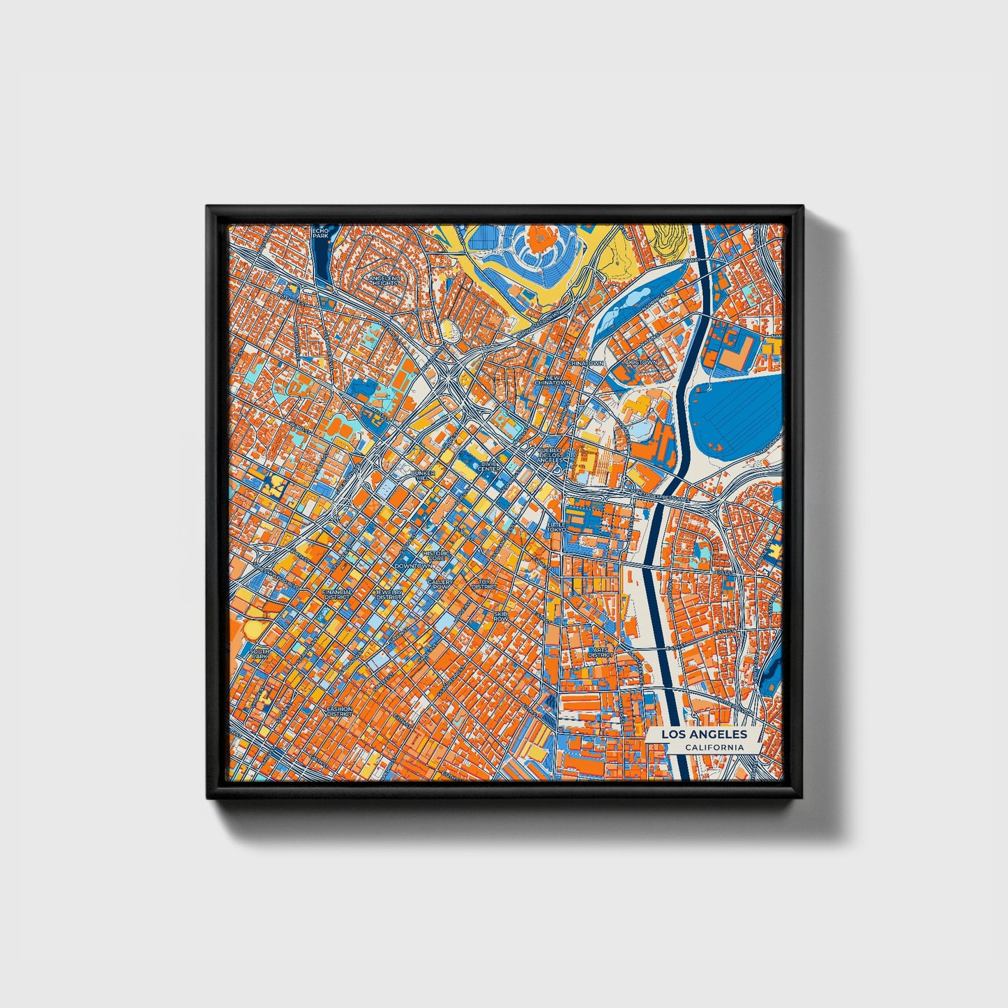 Los Angeles California Colorful City Map Canvas Print • Black Framed
