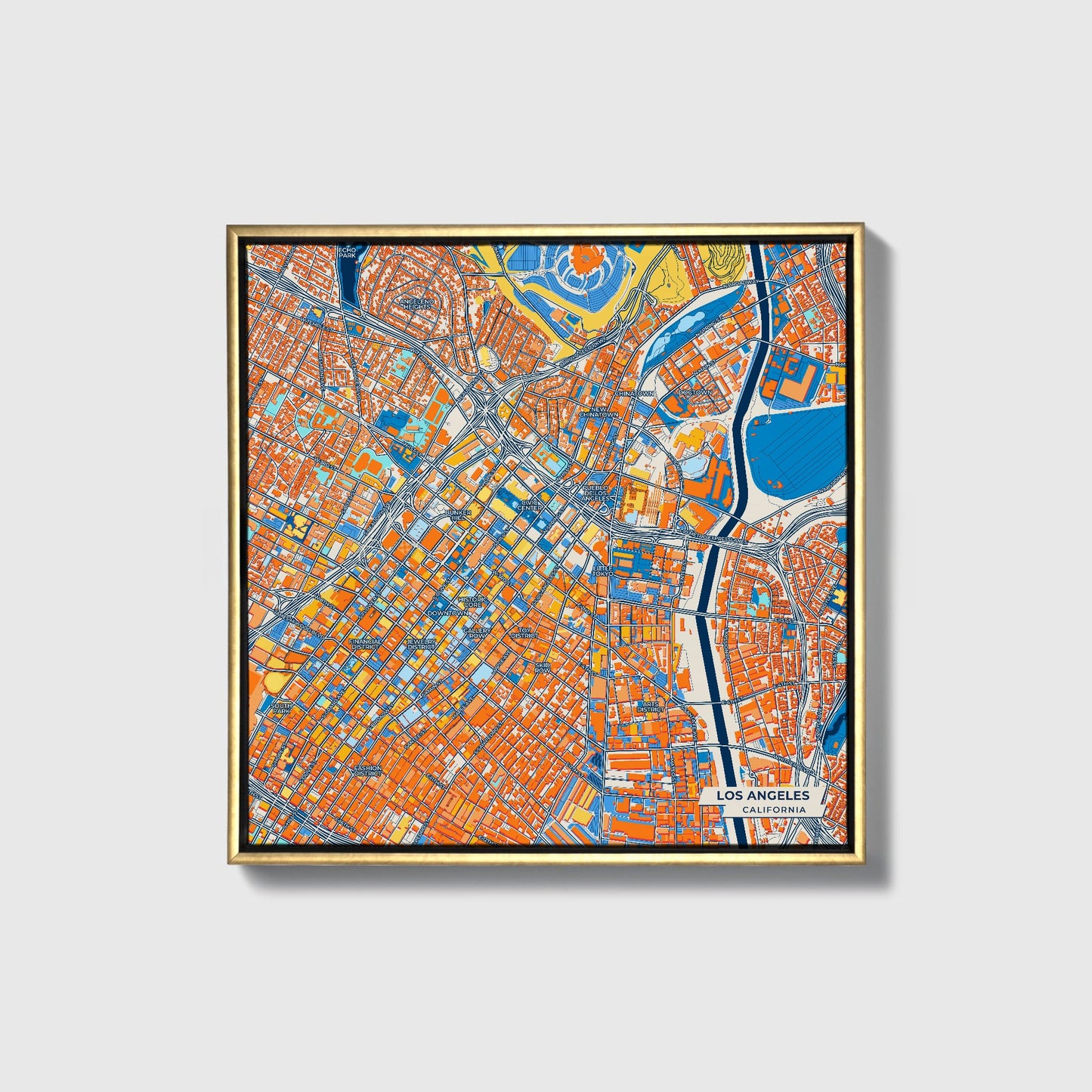 Los Angeles California Colorful City Map Canvas Print • Gold Framed