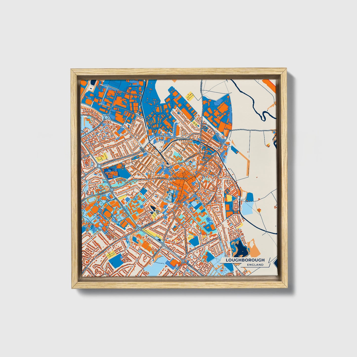 Loughborough England Colorful City Map Canvas Print • Natural Wooden Framed