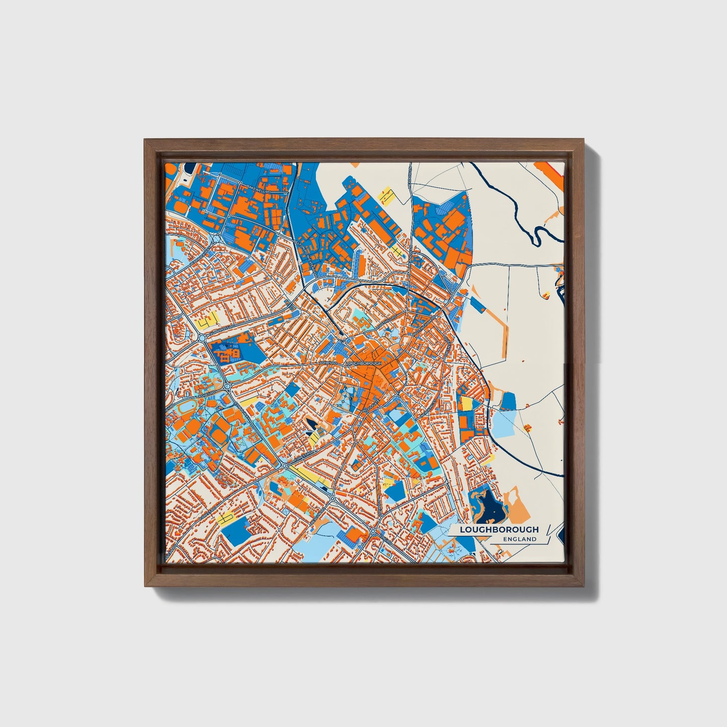 Loughborough England Colorful City Map Canvas Print • Dark Wooden Framed