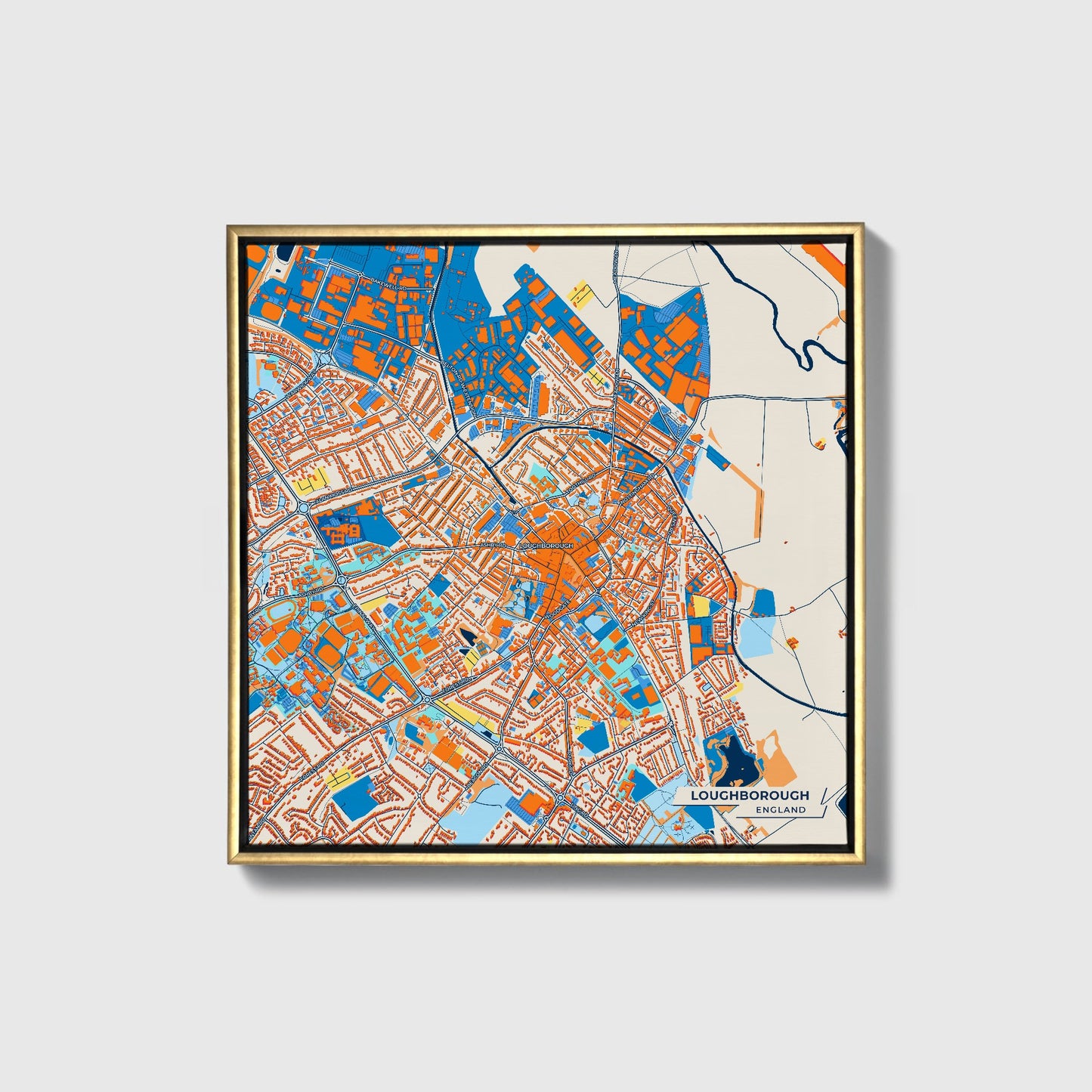 Loughborough England Colorful City Map Canvas Print • Gold Framed