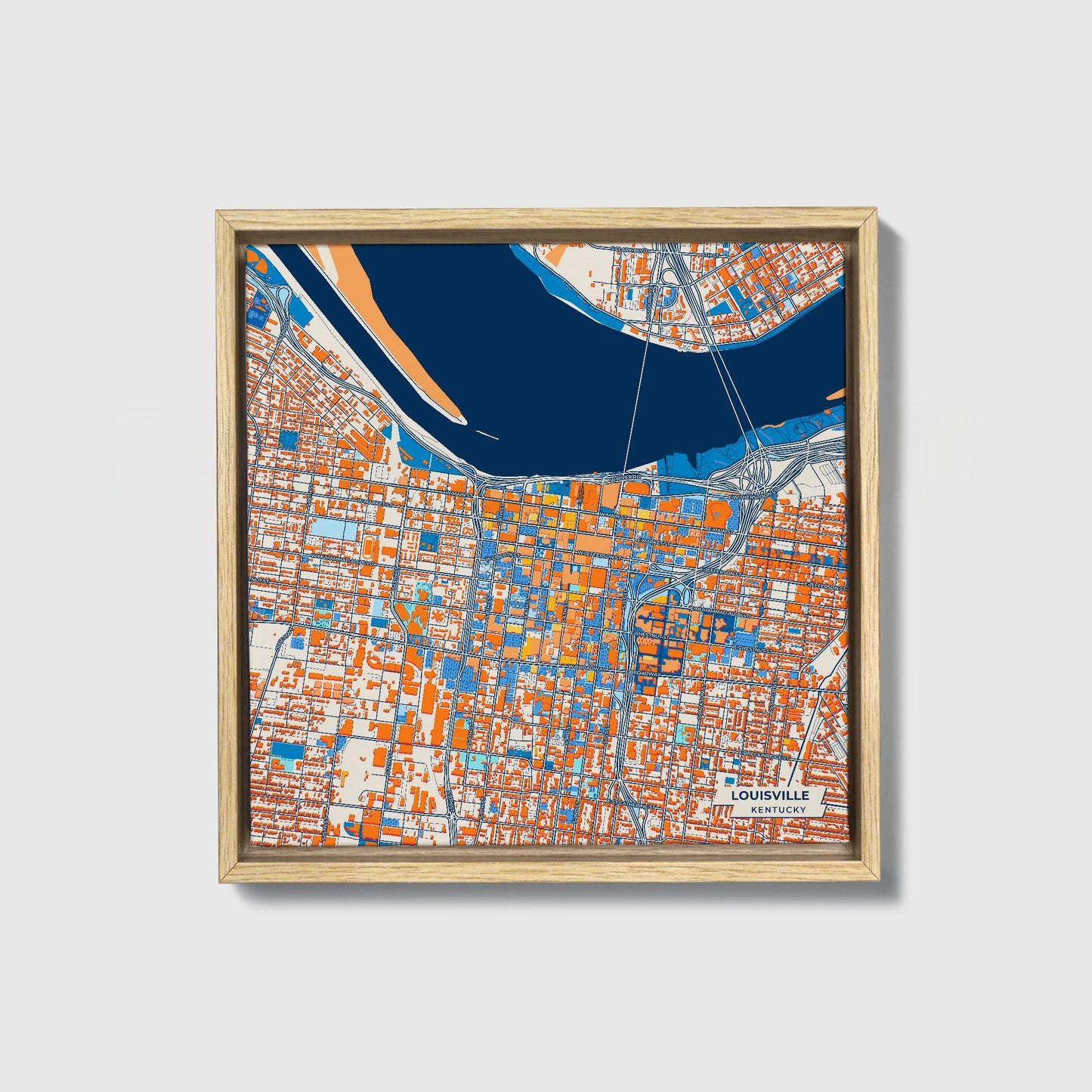Louisville Kentucky Colorful City Map Canvas Print • Natural Wooden Framed