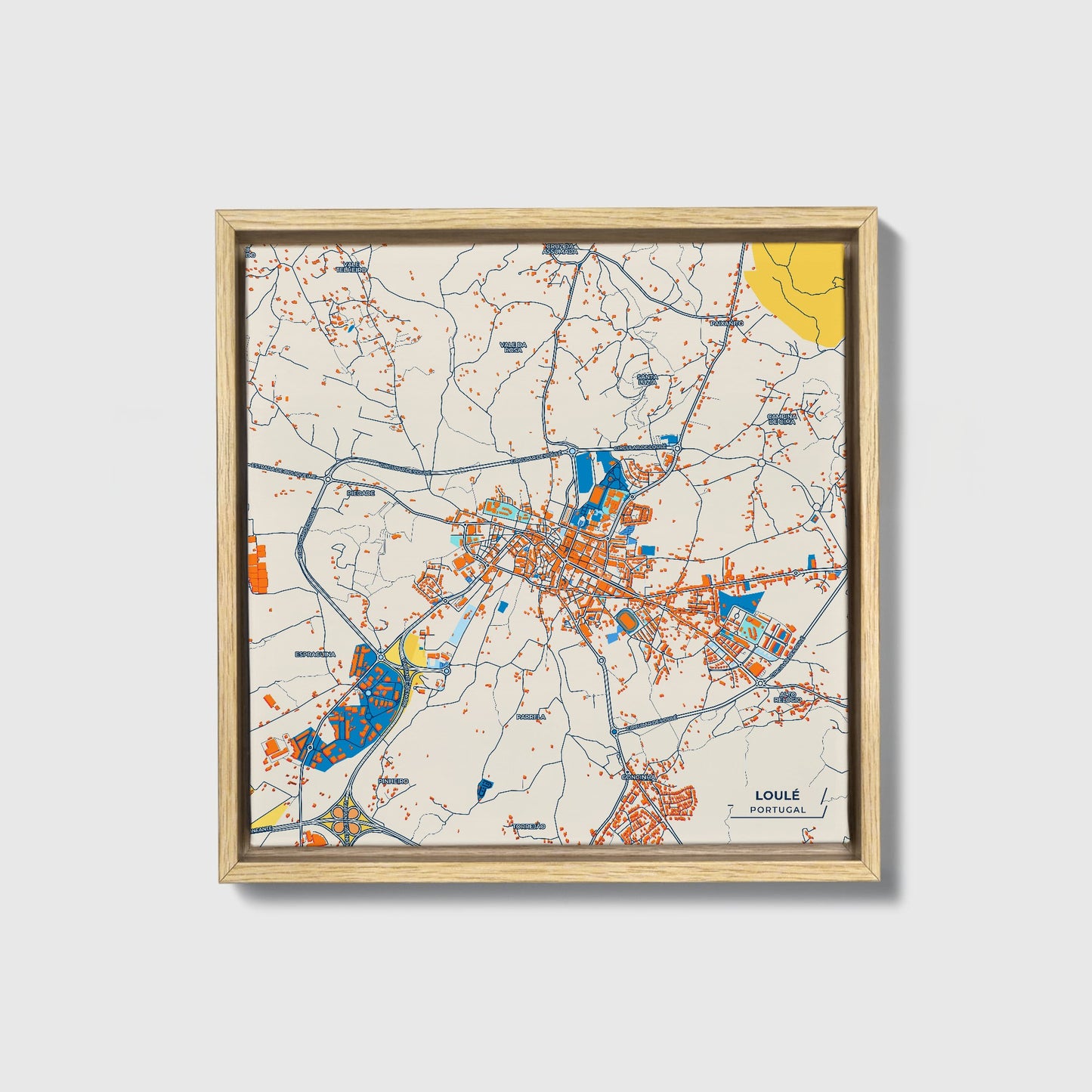 Loulé Portugal Colorful City Map Canvas Print • Natural Wooden Framed