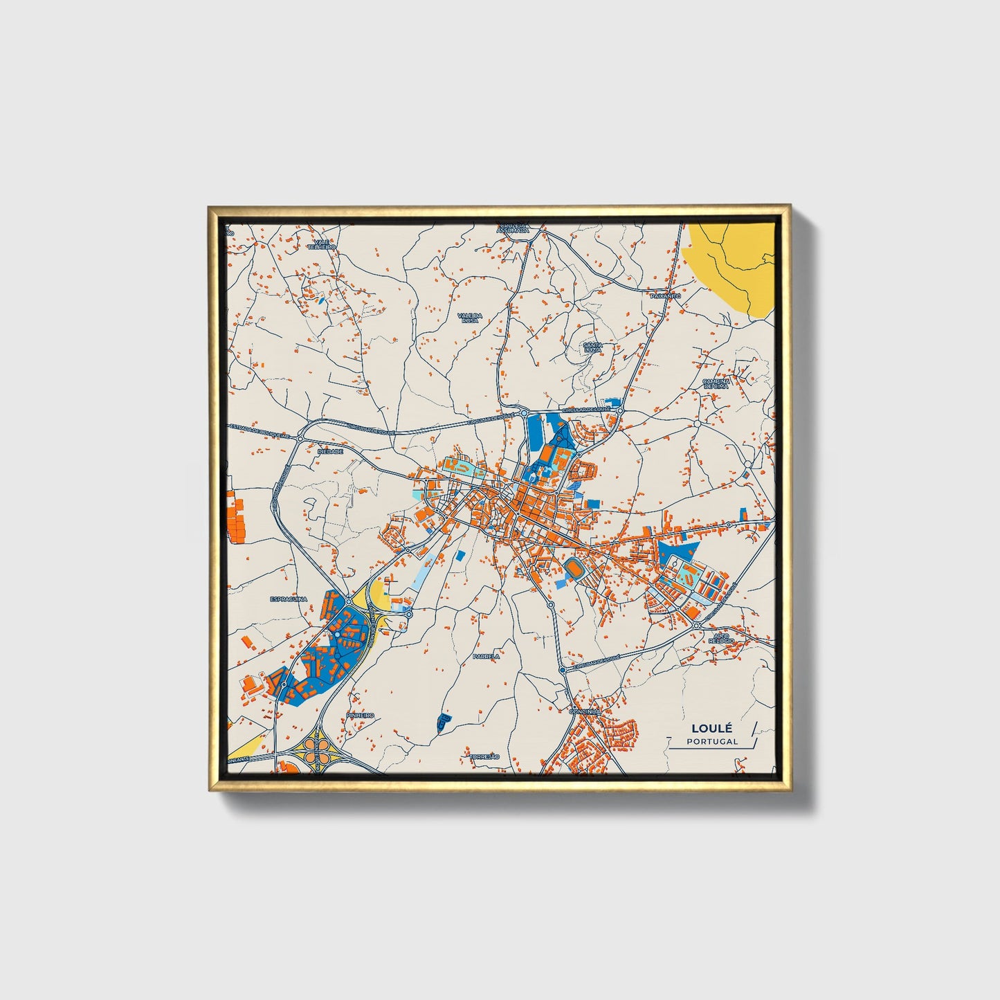 Loulé Portugal Colorful City Map Canvas Print • Gold Framed
