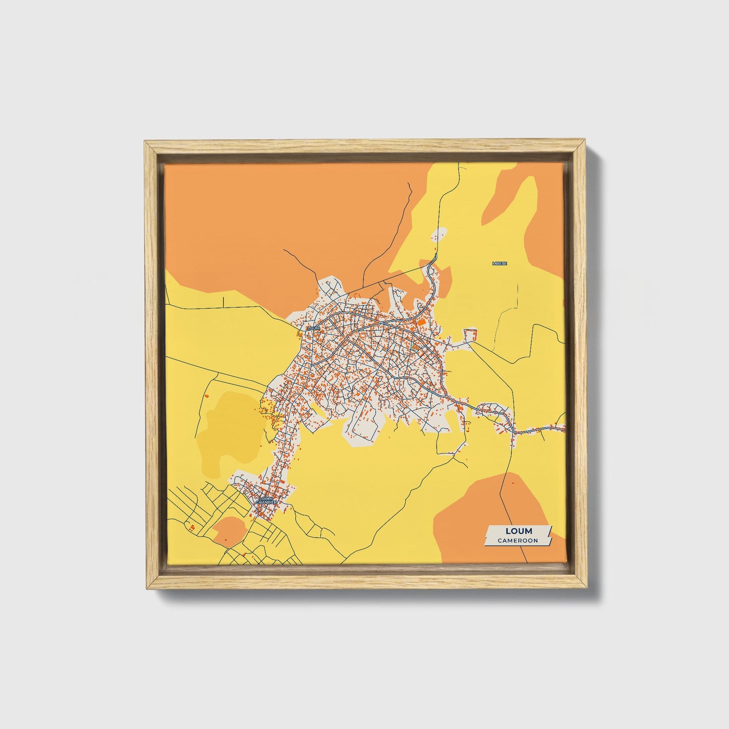 Loum Cameroon Colorful City Map Canvas Print • Natural Wooden Framed