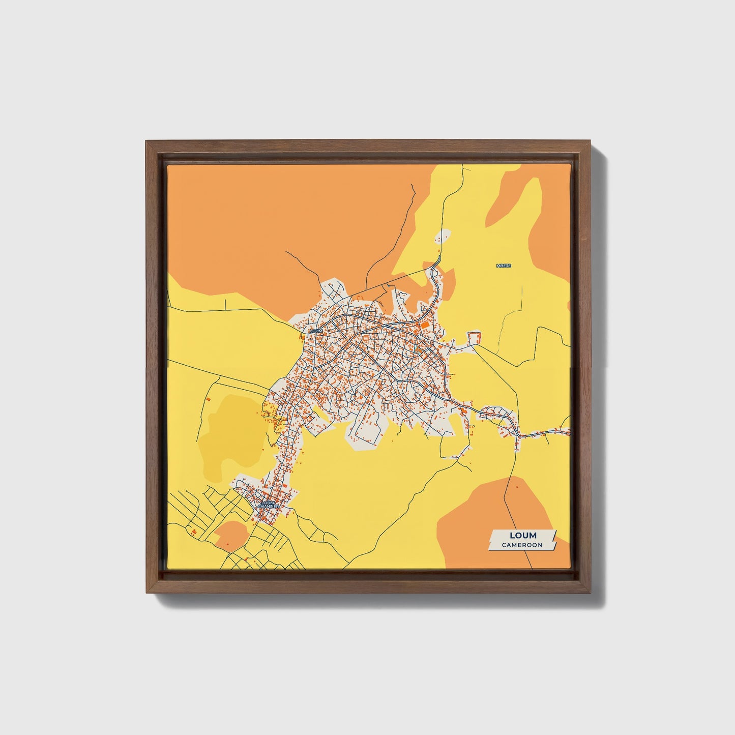 Loum Cameroon Colorful City Map Canvas Print • Dark Wooden Framed