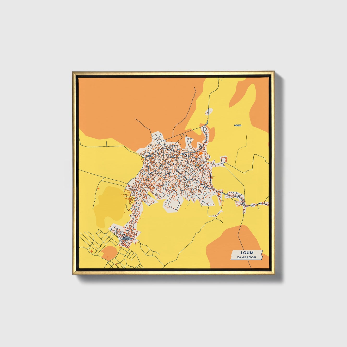 Loum Cameroon Colorful City Map Canvas Print • Gold Framed