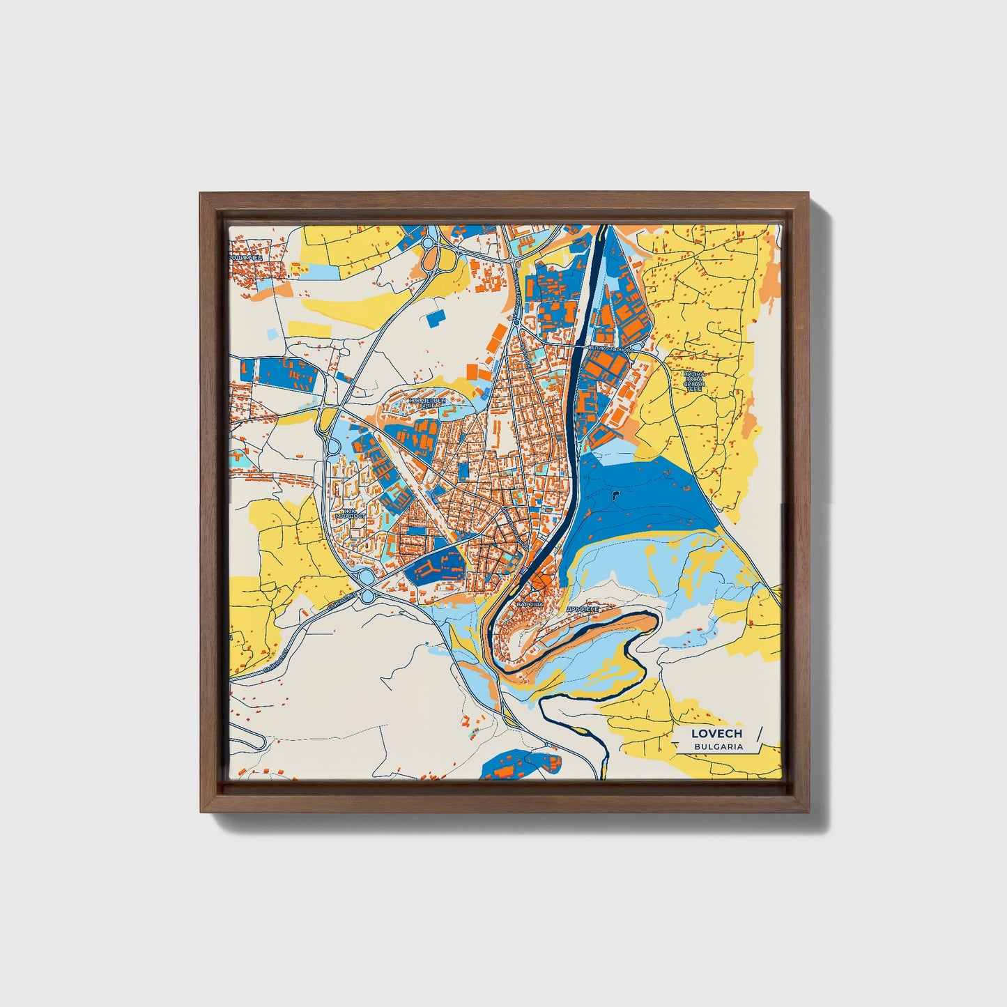 Ловеч Bulgaria Colorful City Map Canvas Print • Dark Wooden Framed
