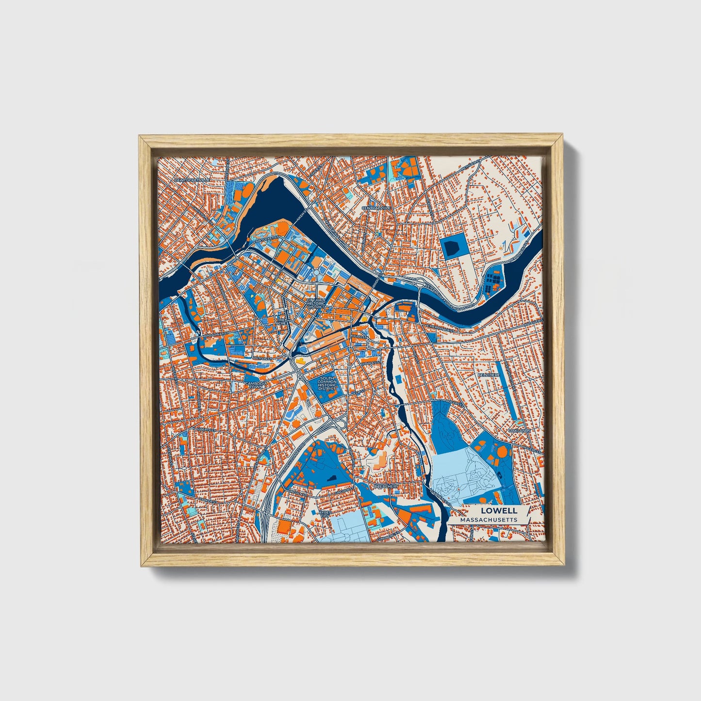 Lowell Massachusetts Colorful City Map Canvas Print • Natural Wooden Framed