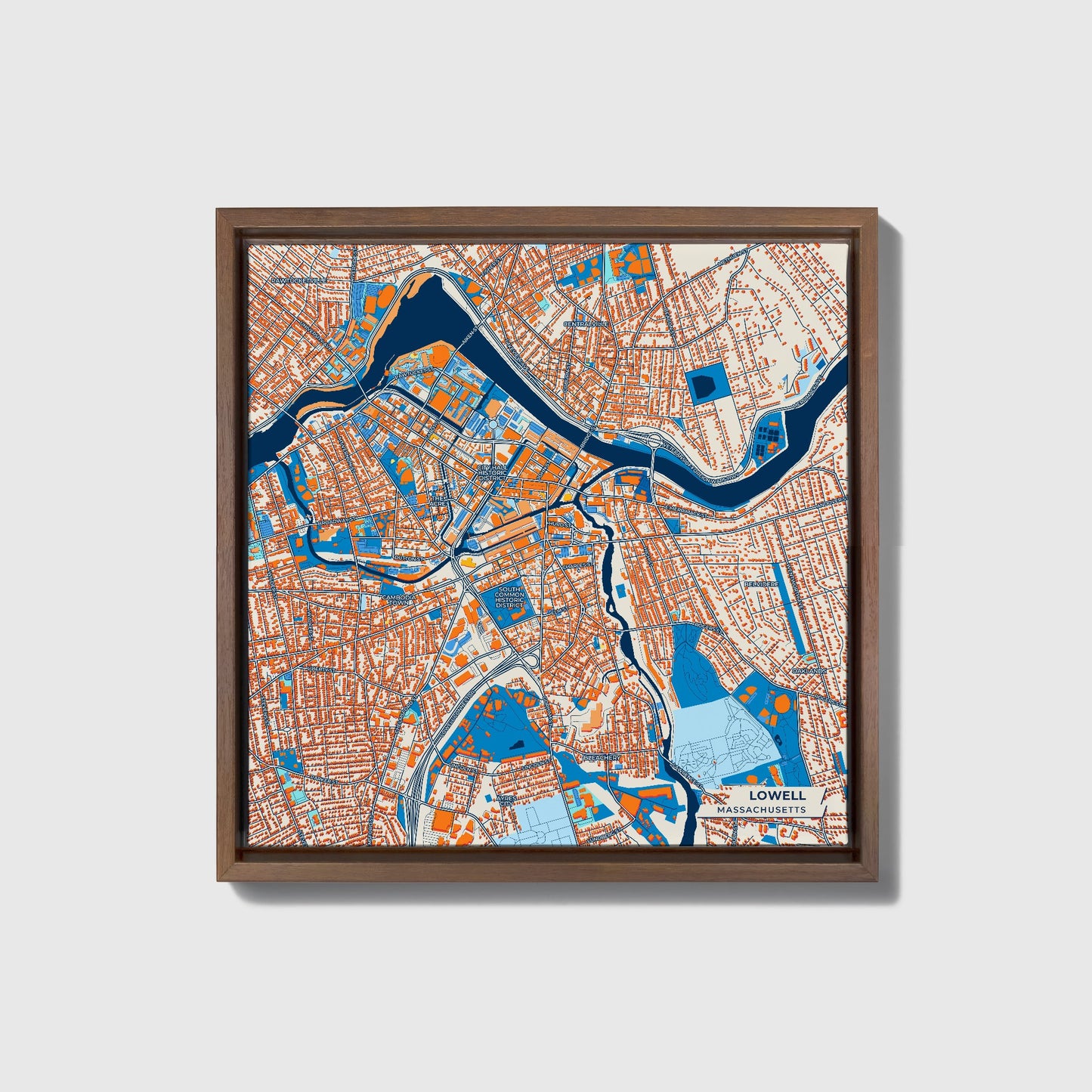 Lowell Massachusetts Colorful City Map Canvas Print • Dark Wooden Framed