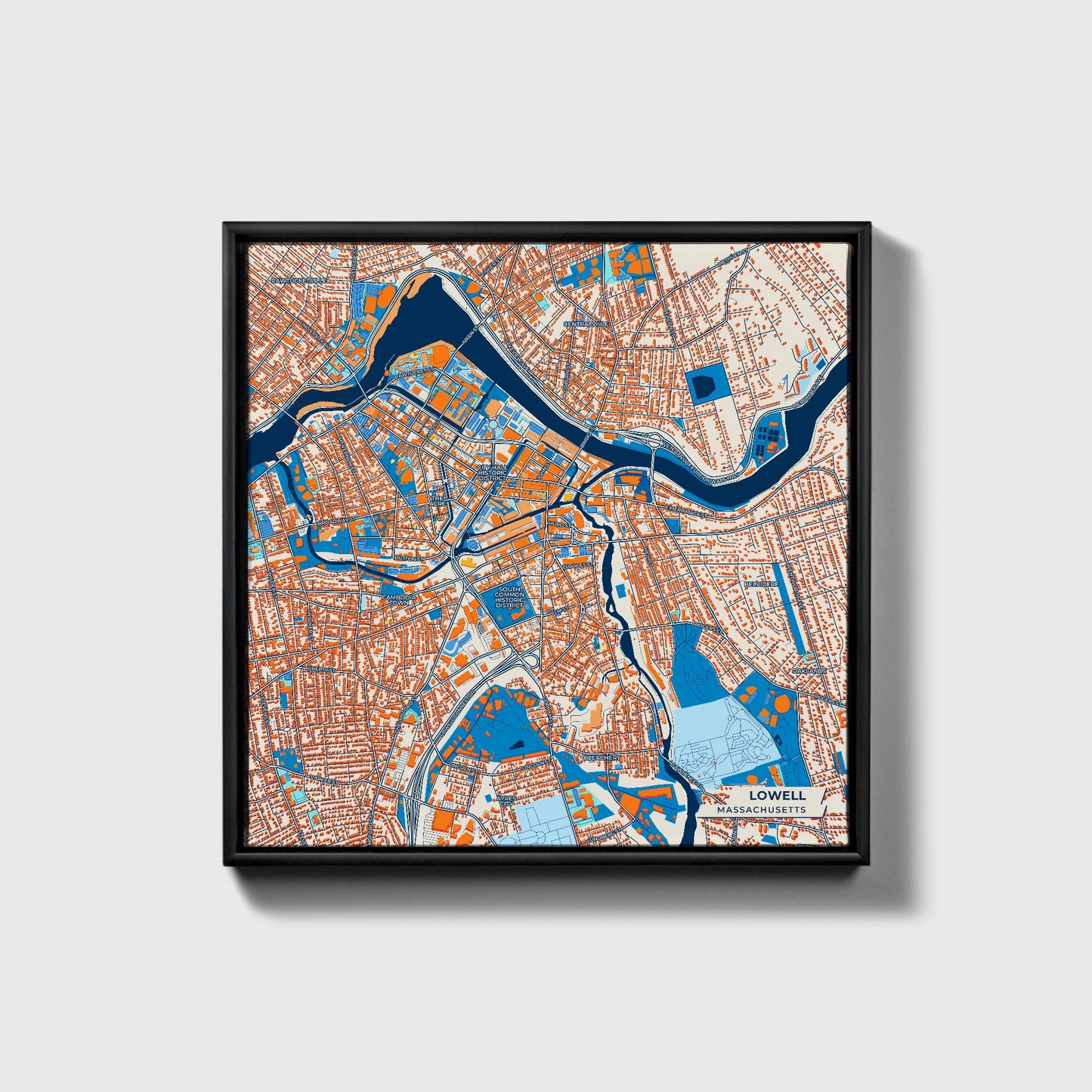 Lowell Massachusetts Colorful City Map Canvas Print • Black Framed