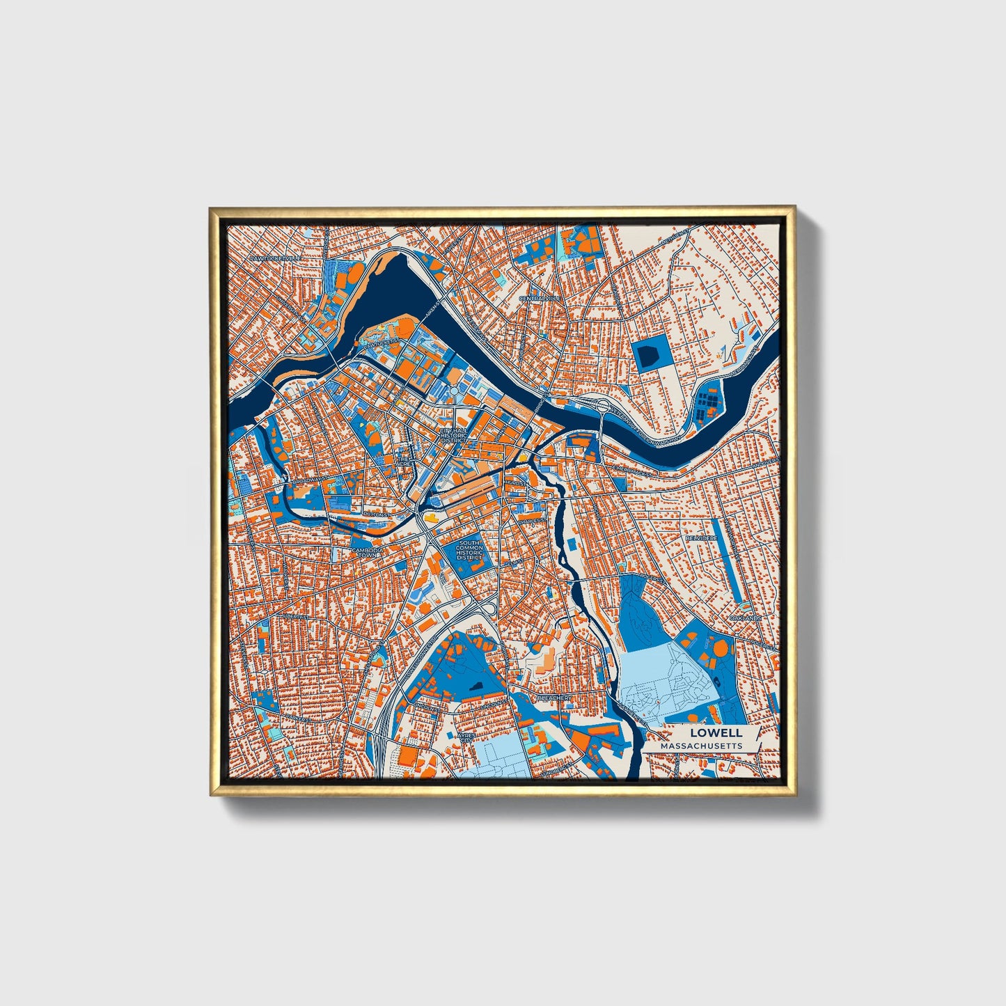 Lowell Massachusetts Colorful City Map Canvas Print • Gold Framed