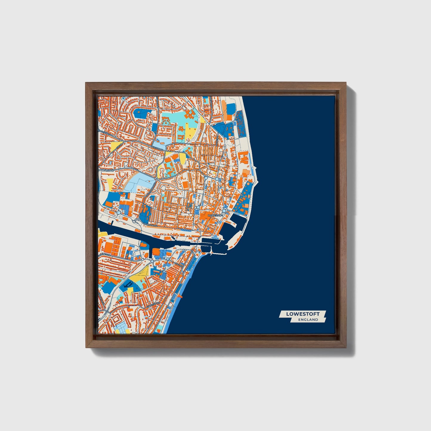 Lowestoft England Colorful City Map Canvas Print • Dark Wooden Framed