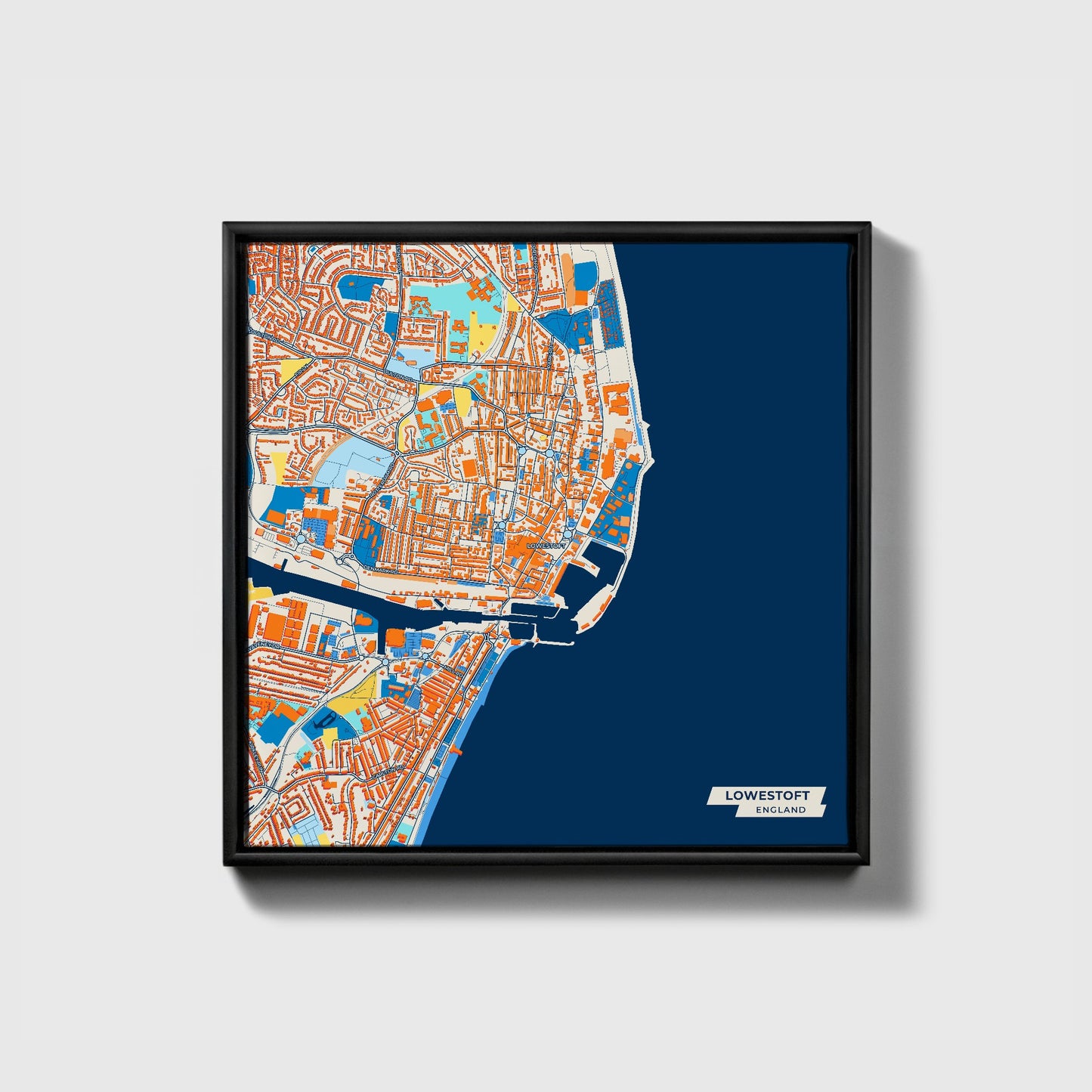 Lowestoft England Colorful City Map Canvas Print • Black Framed