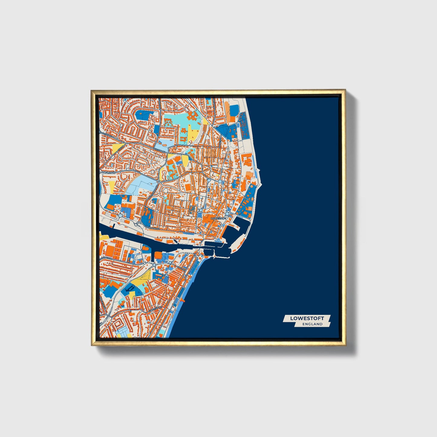 Lowestoft England Colorful City Map Canvas Print • Gold Framed