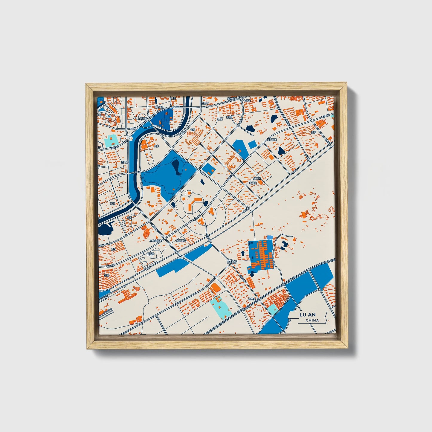 Lu An China Colorful City Map Canvas Print • Natural Wooden Framed
