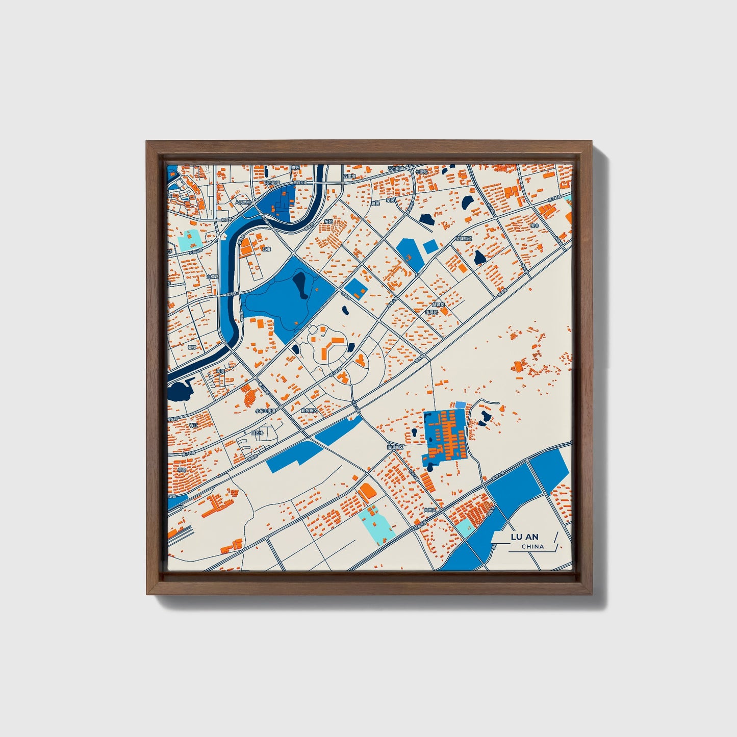 Lu An China Colorful City Map Canvas Print • Dark Wooden Framed