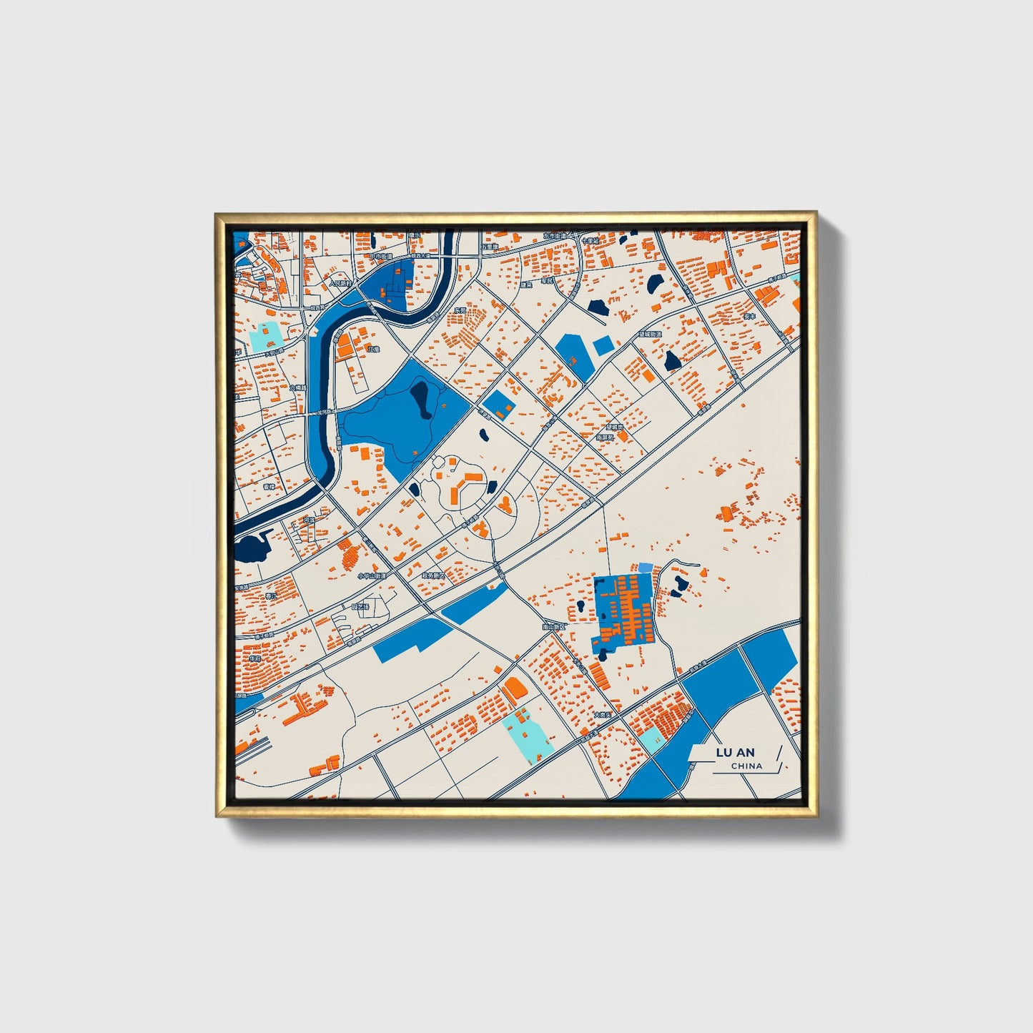 Lu An China Colorful City Map Canvas Print • Gold Framed