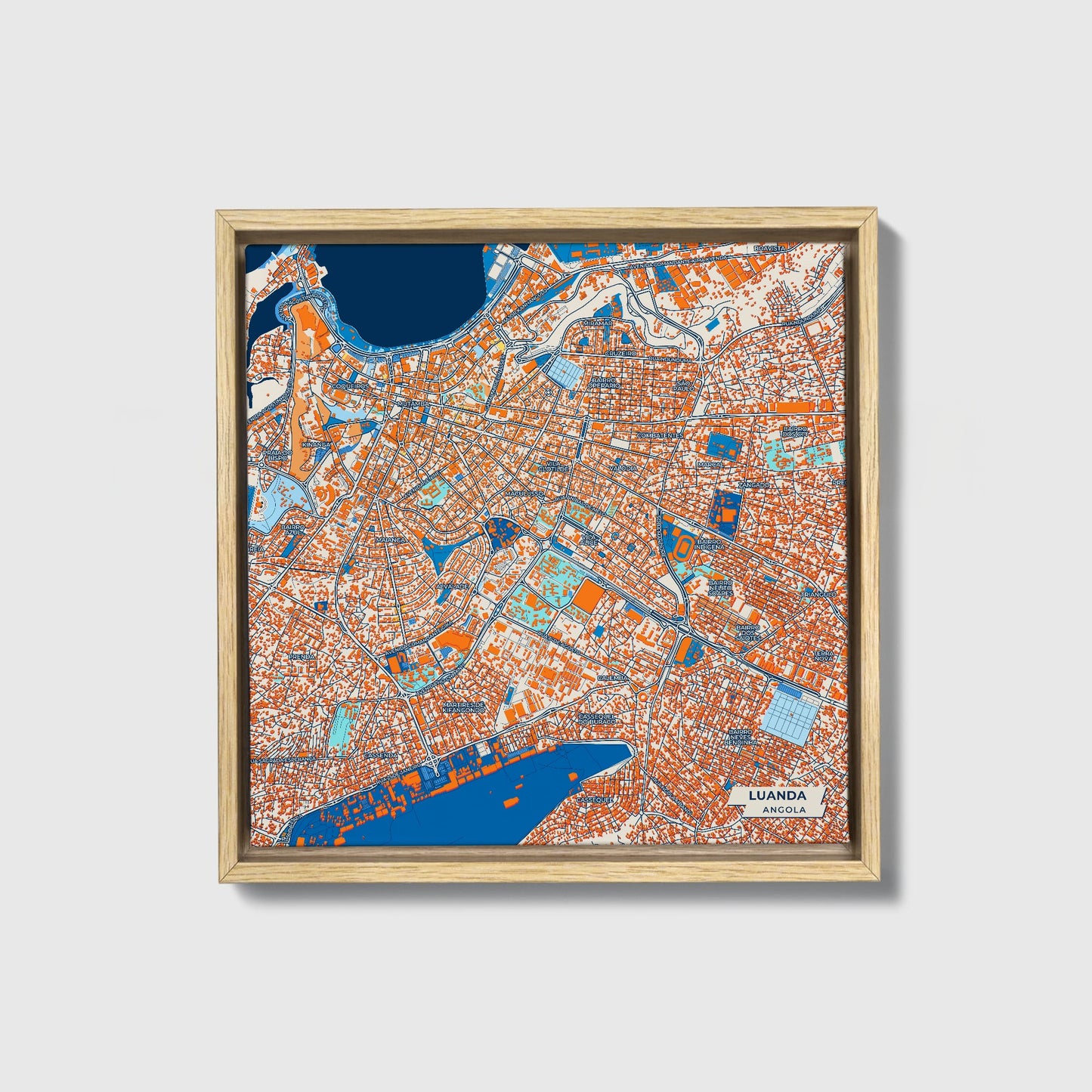 Luanda Angola Colorful City Map Canvas Print • Natural Wooden Framed