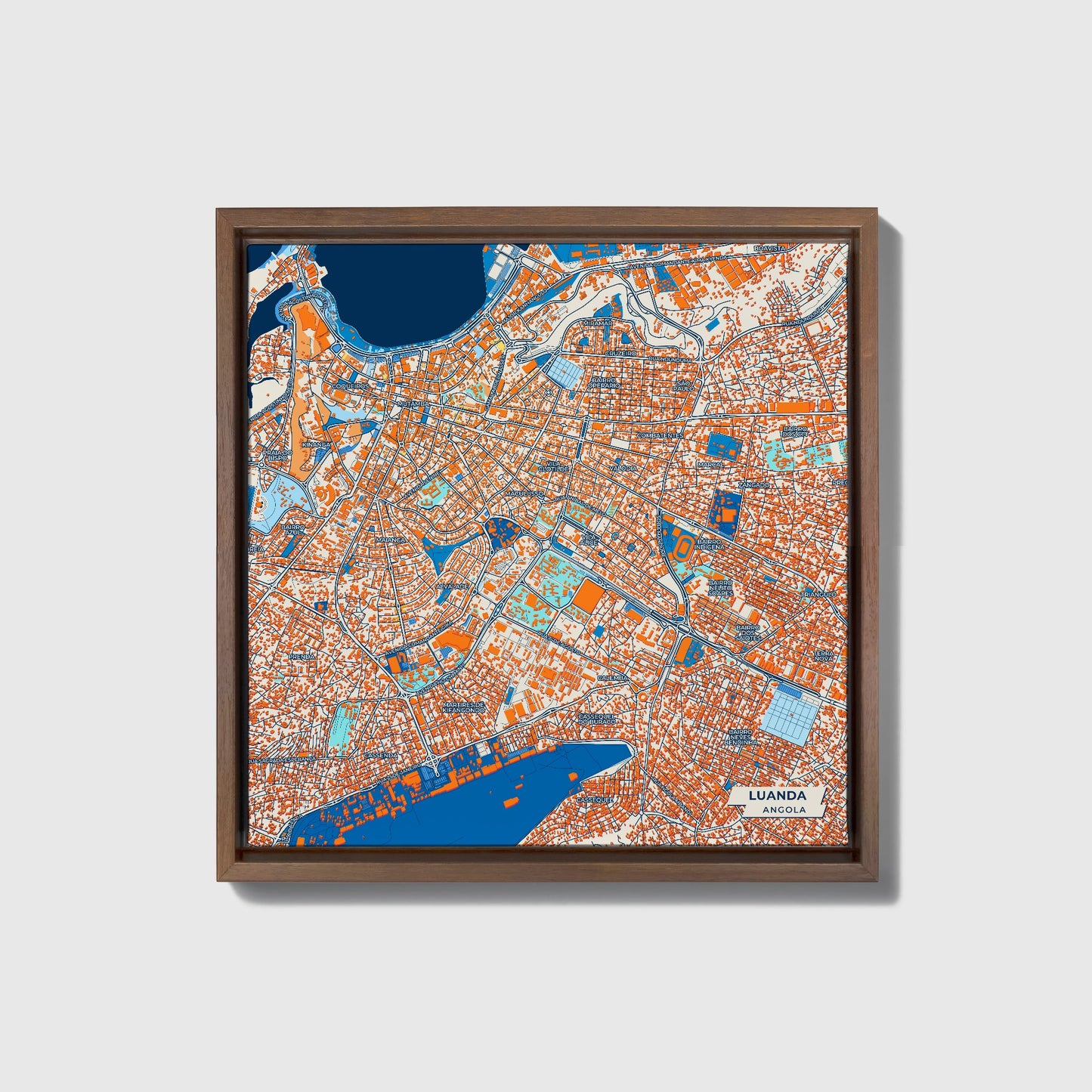 Luanda Angola Colorful City Map Canvas Print • Dark Wooden Framed