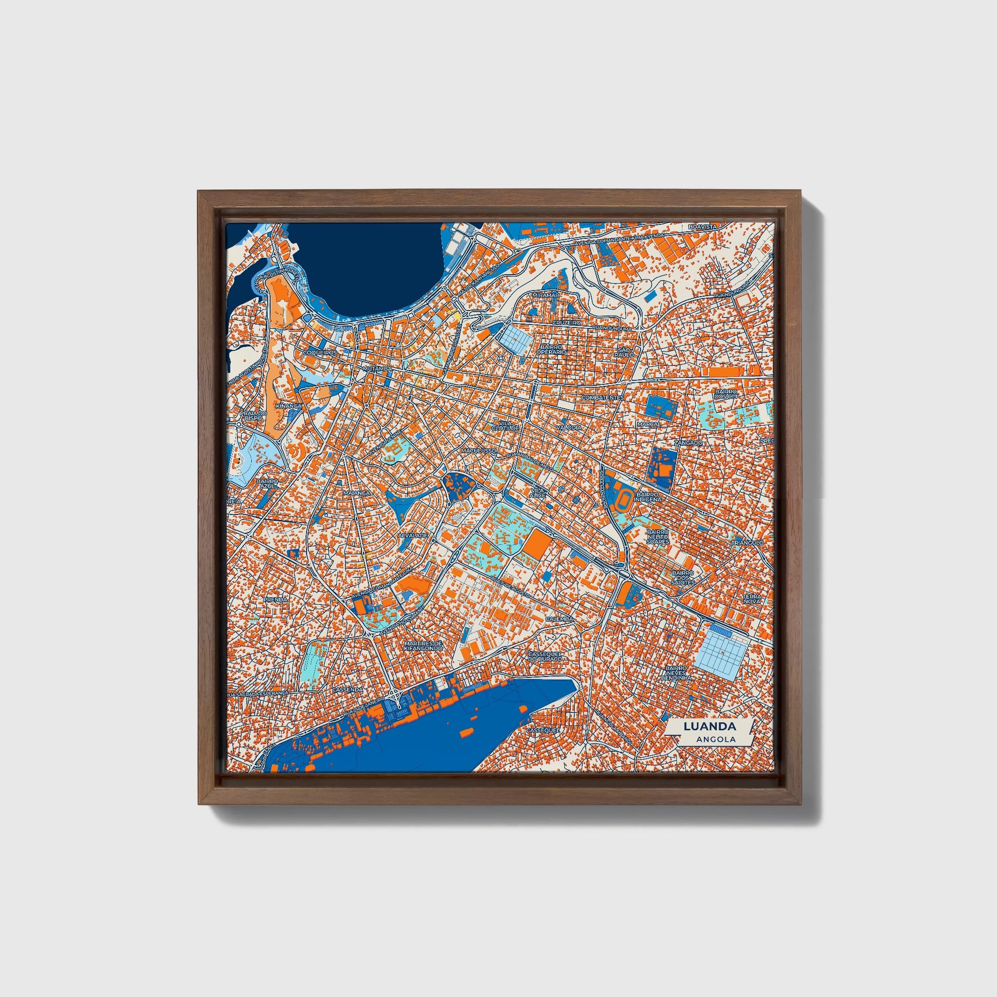 Luanda Angola Colorful City Map Canvas Print • Dark Wooden Framed