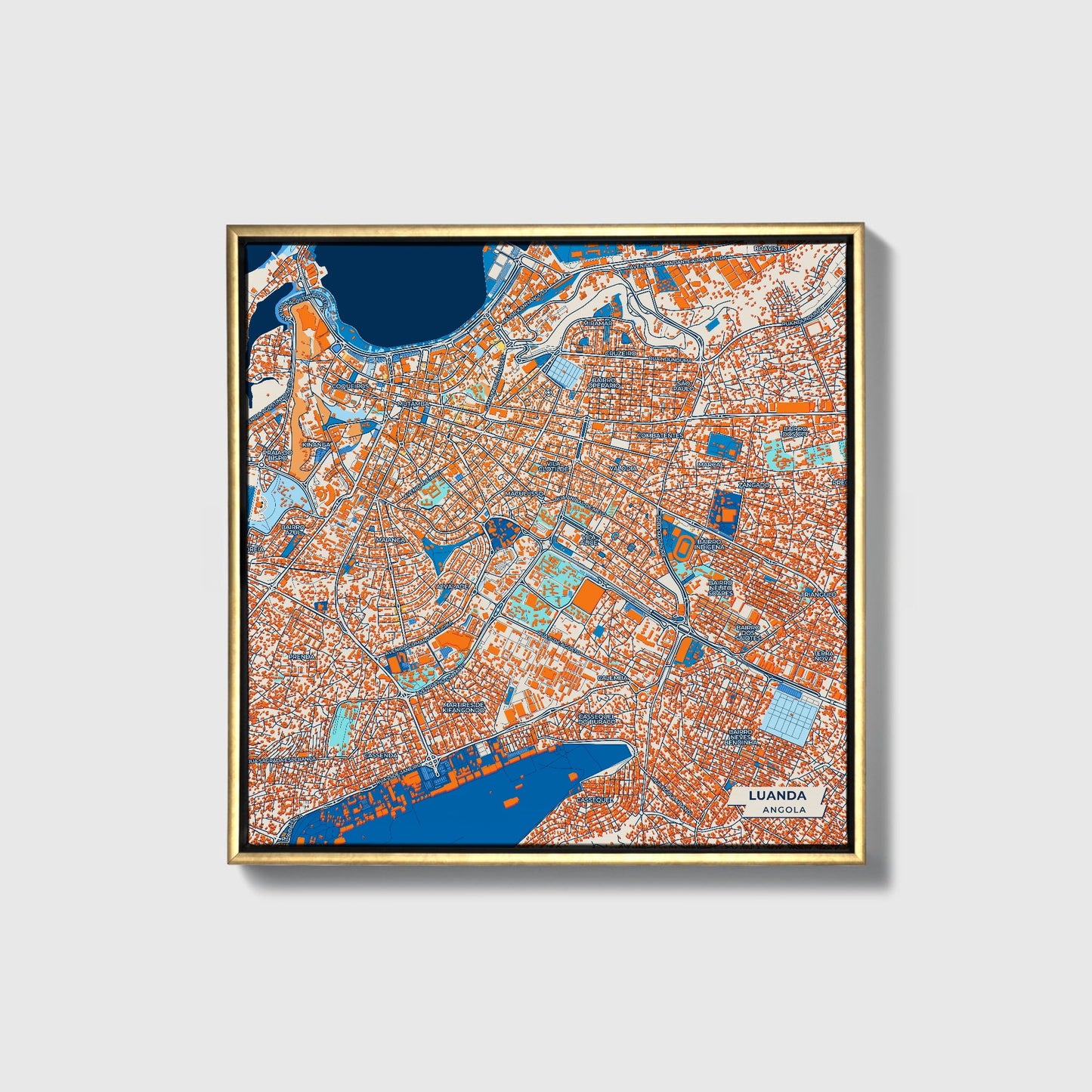 Luanda Angola Colorful City Map Canvas Print • Gold Framed