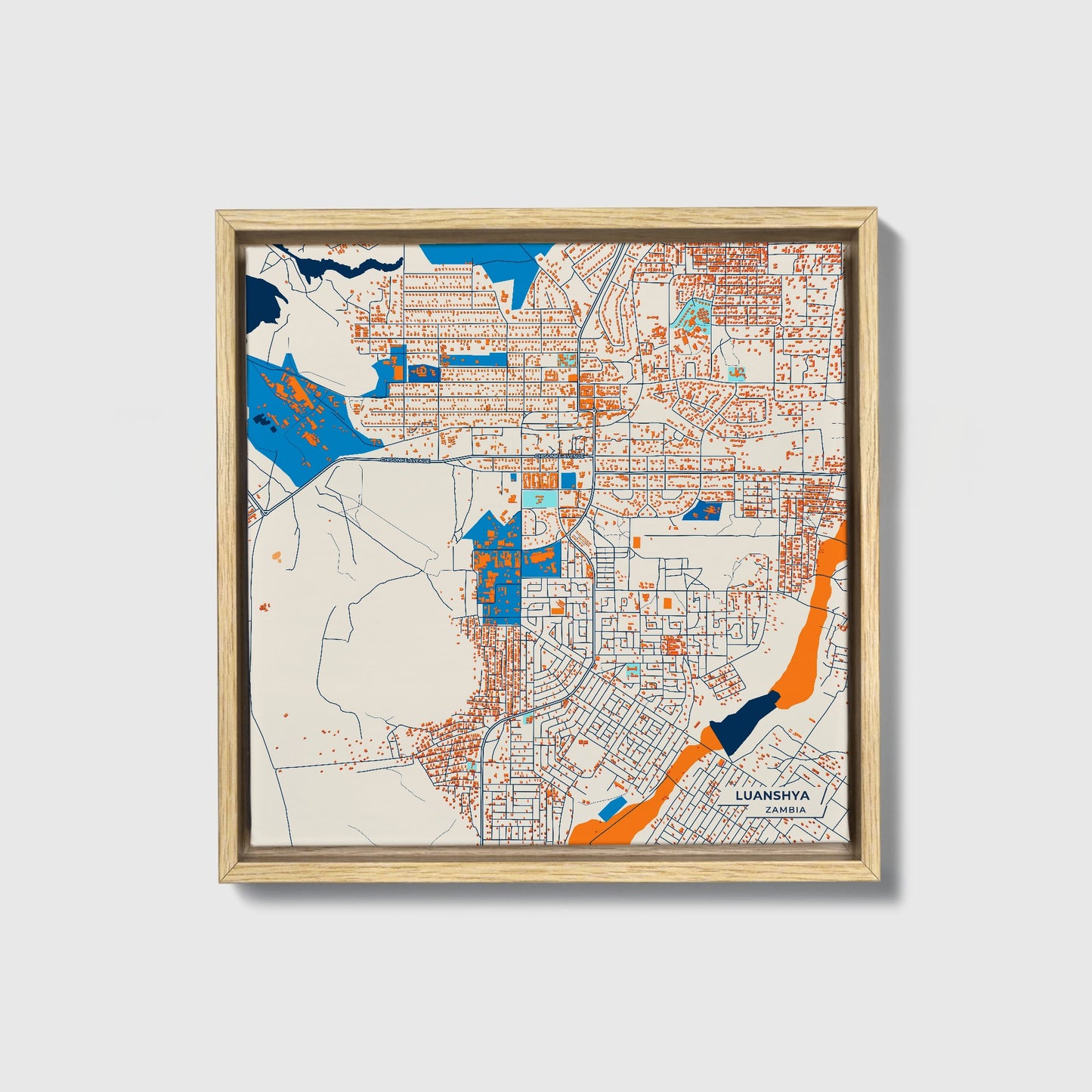 Luanshya Zambia Colorful City Map Canvas Print • Natural Wooden Framed