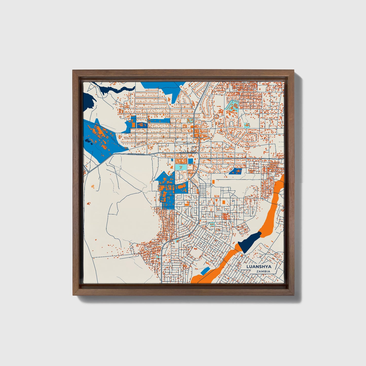 Luanshya Zambia Colorful City Map Canvas Print • Dark Wooden Framed