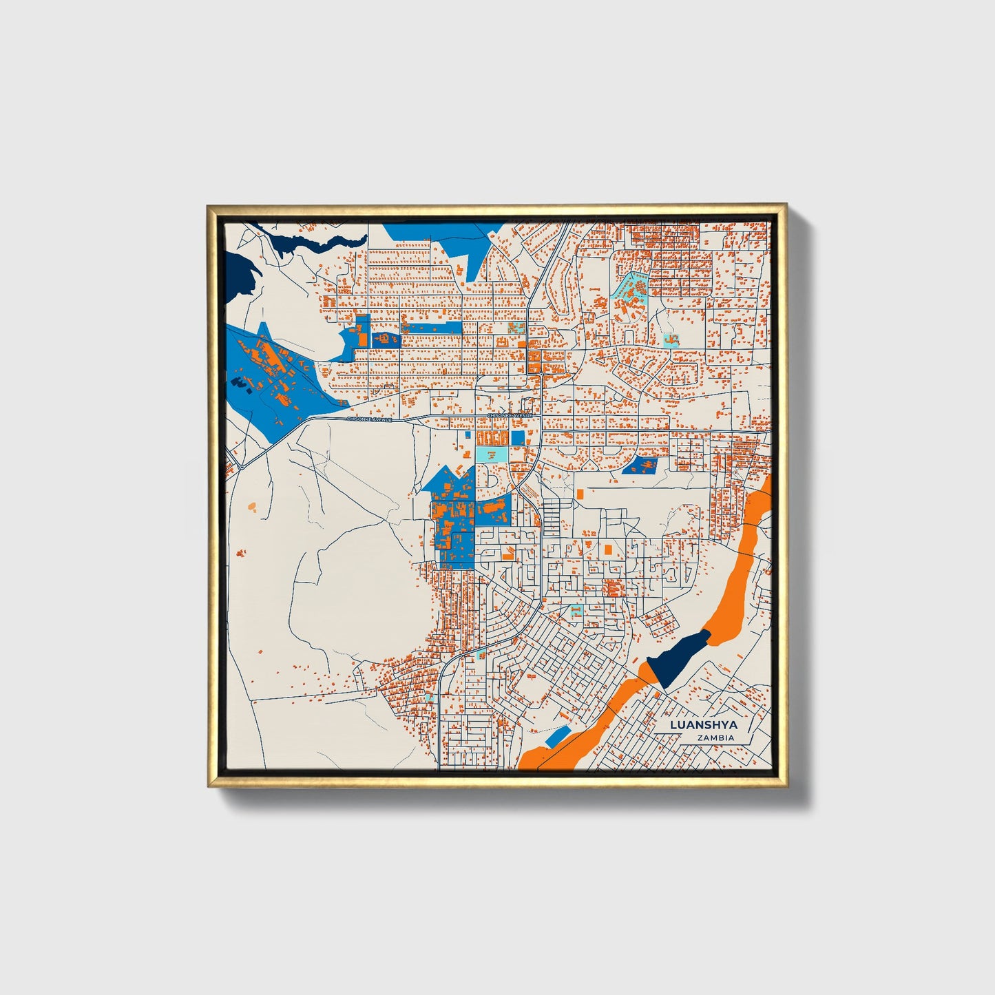 Luanshya Zambia Colorful City Map Canvas Print • Gold Framed