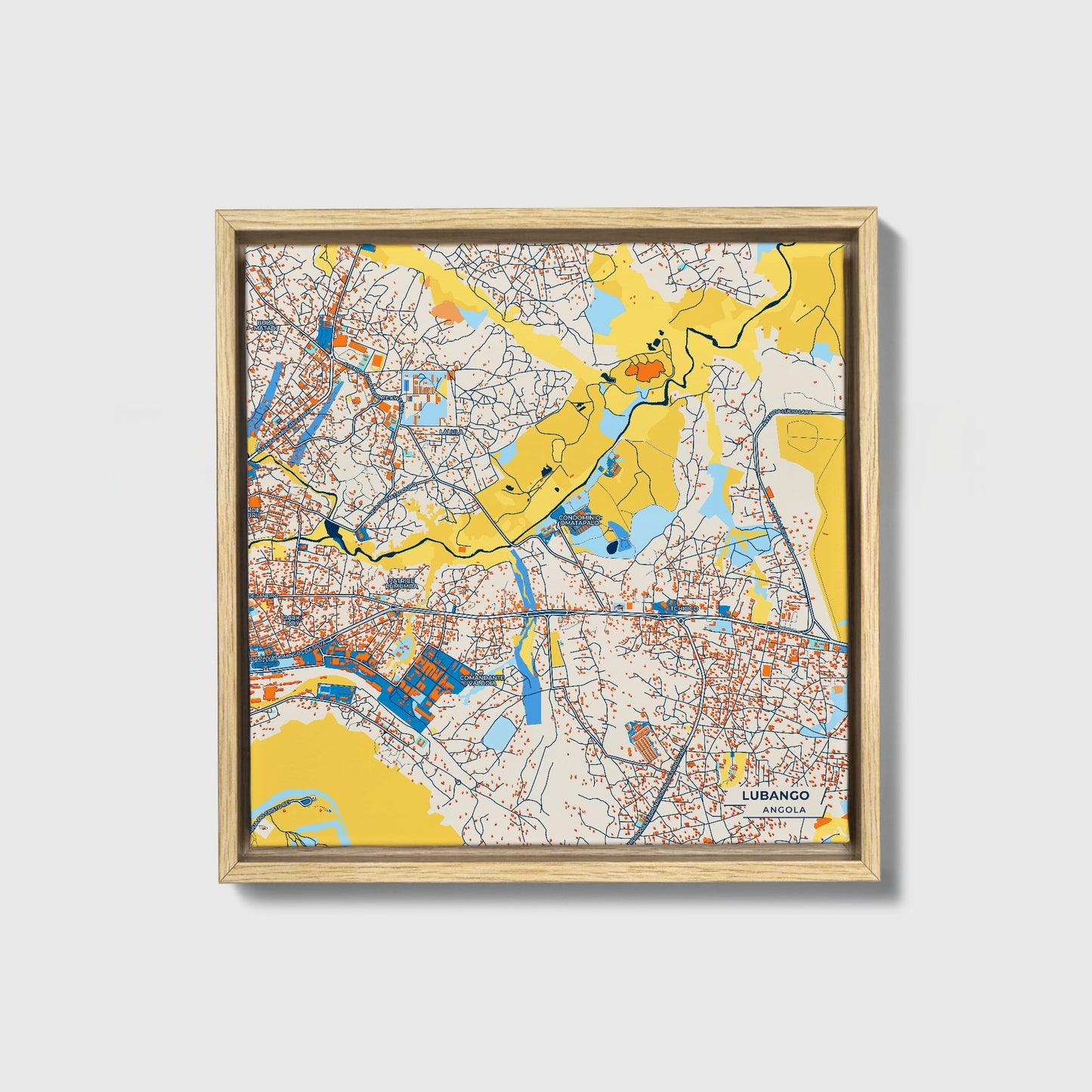 Lubango Angola Colorful City Map Canvas Print • Natural Wooden Framed