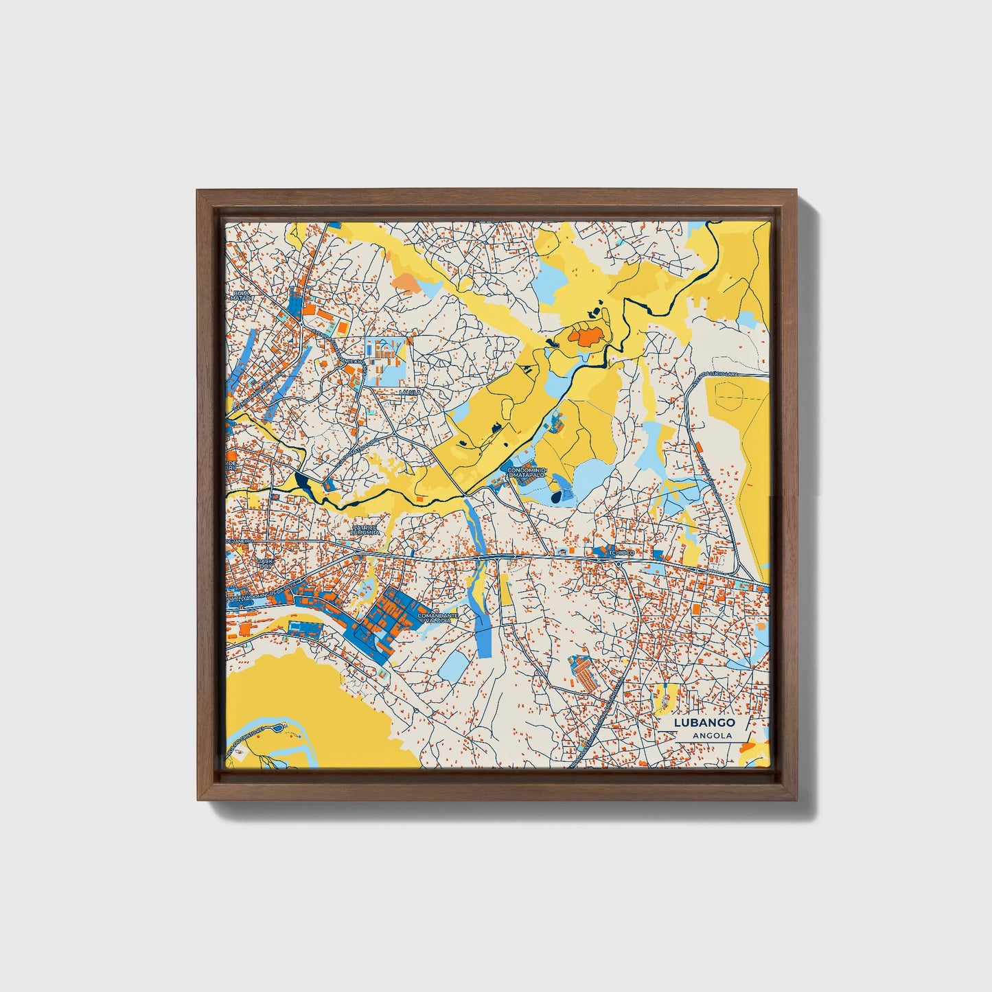 Lubango Angola Colorful City Map Canvas Print • Dark Wooden Framed