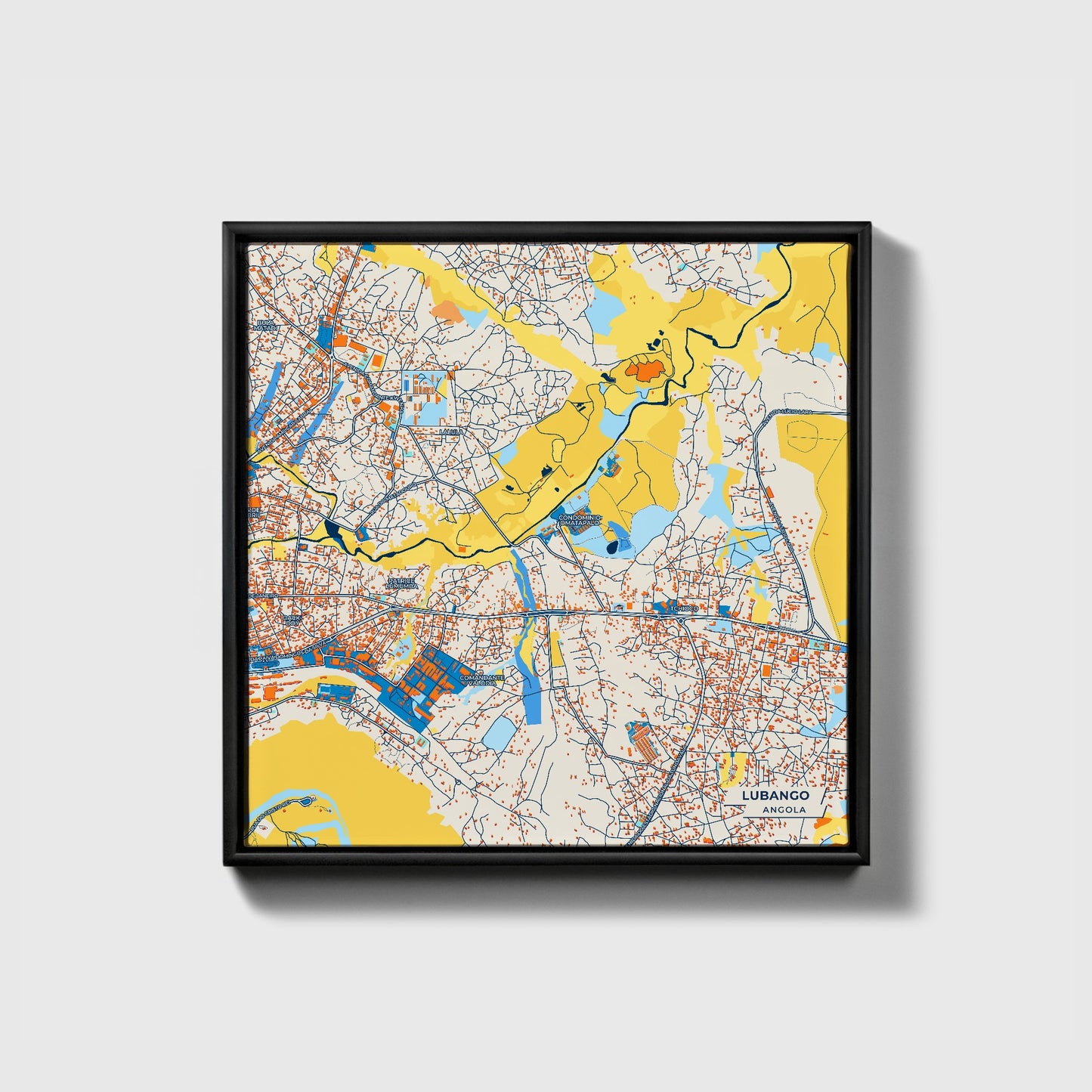 Lubango Angola Colorful City Map Canvas Print • Black Framed