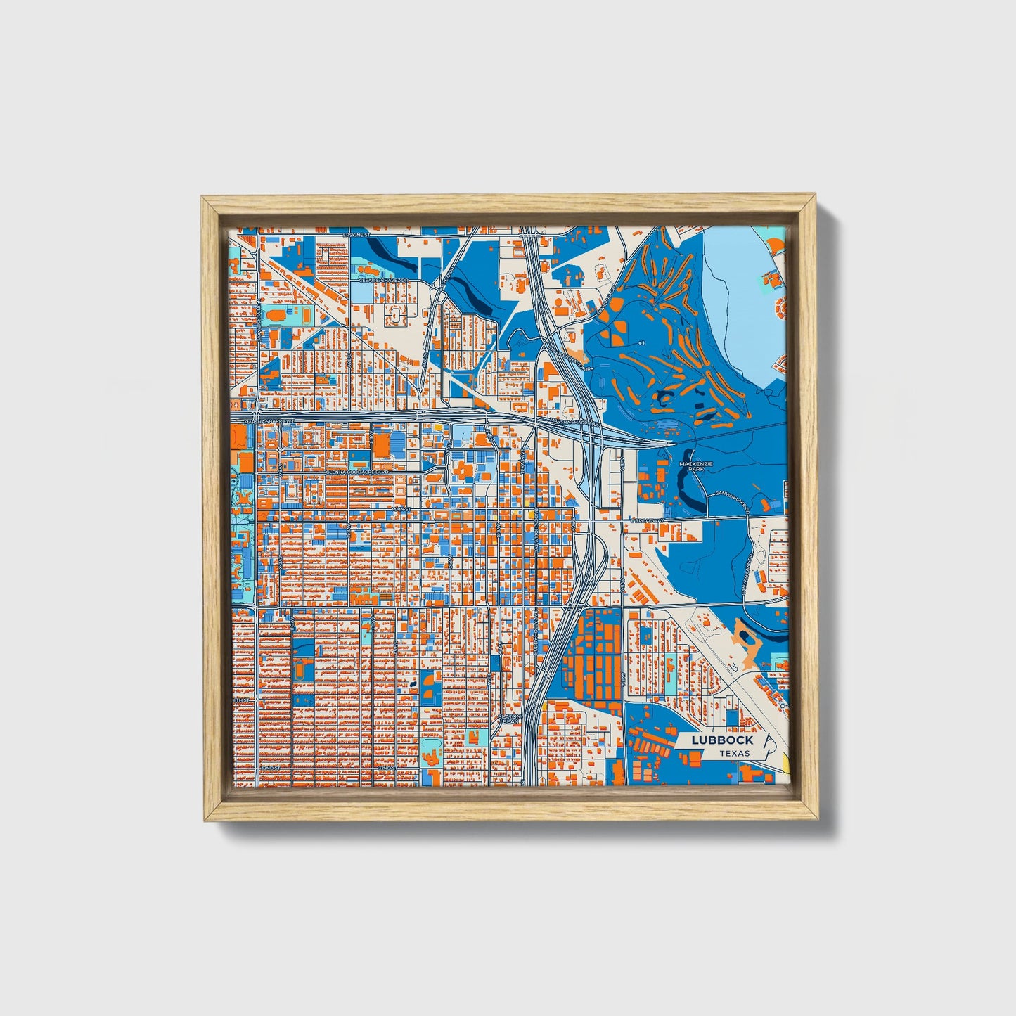 Lubbock Texas Colorful City Map Canvas Print • Natural Wooden Framed