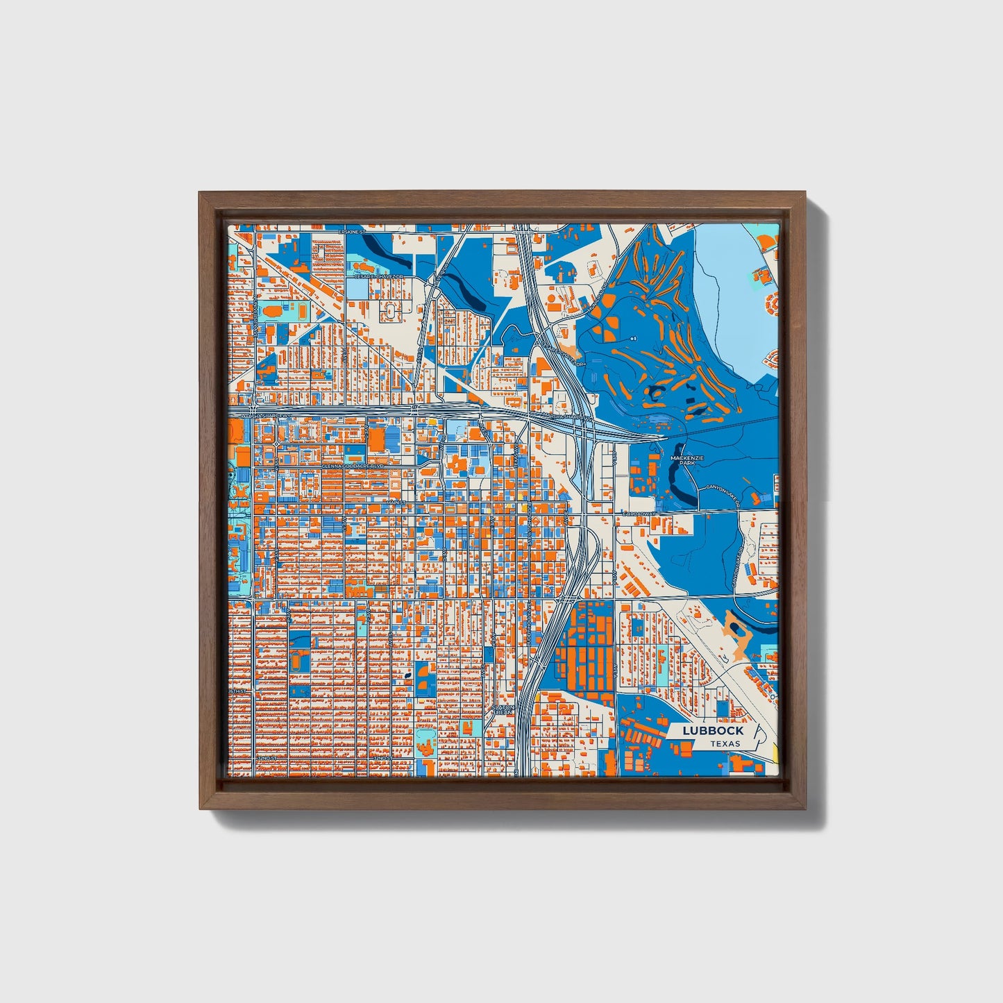 Lubbock Texas Colorful City Map Canvas Print • Dark Wooden Framed