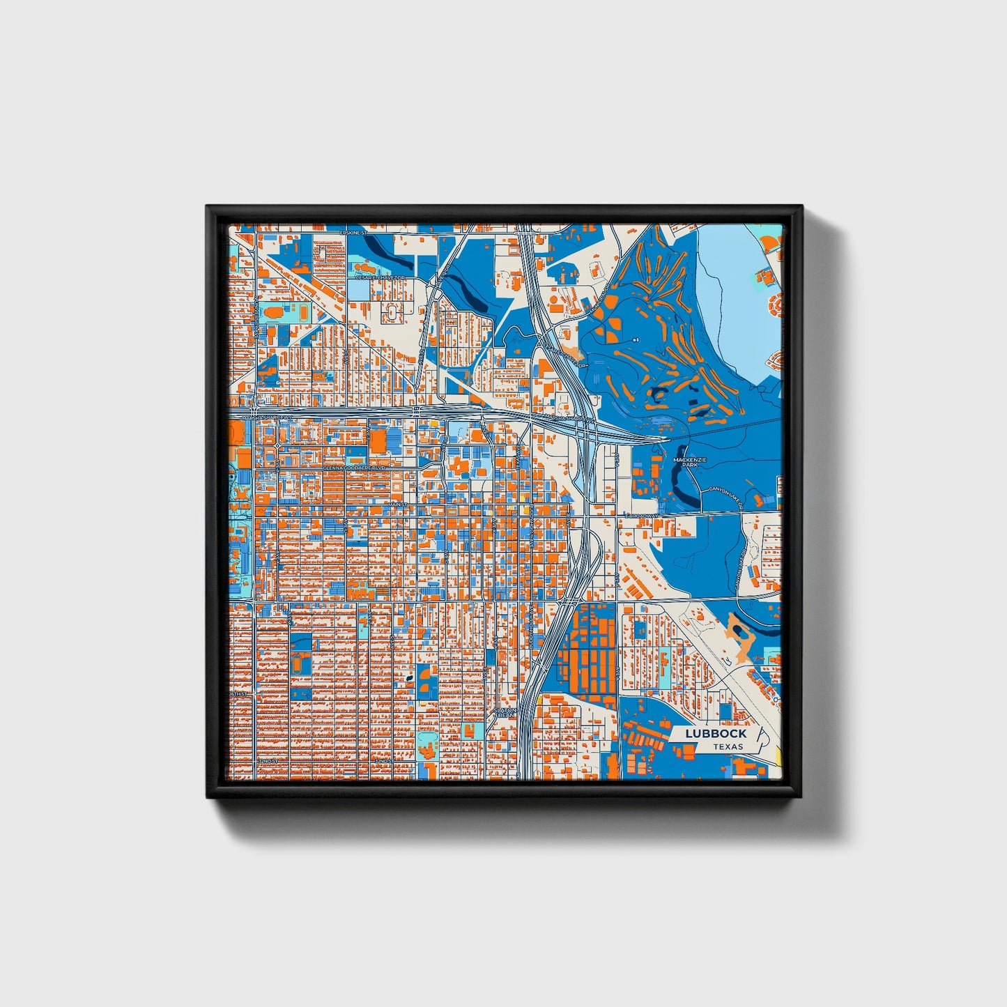 Lubbock Texas Colorful City Map Canvas Print • Black Framed