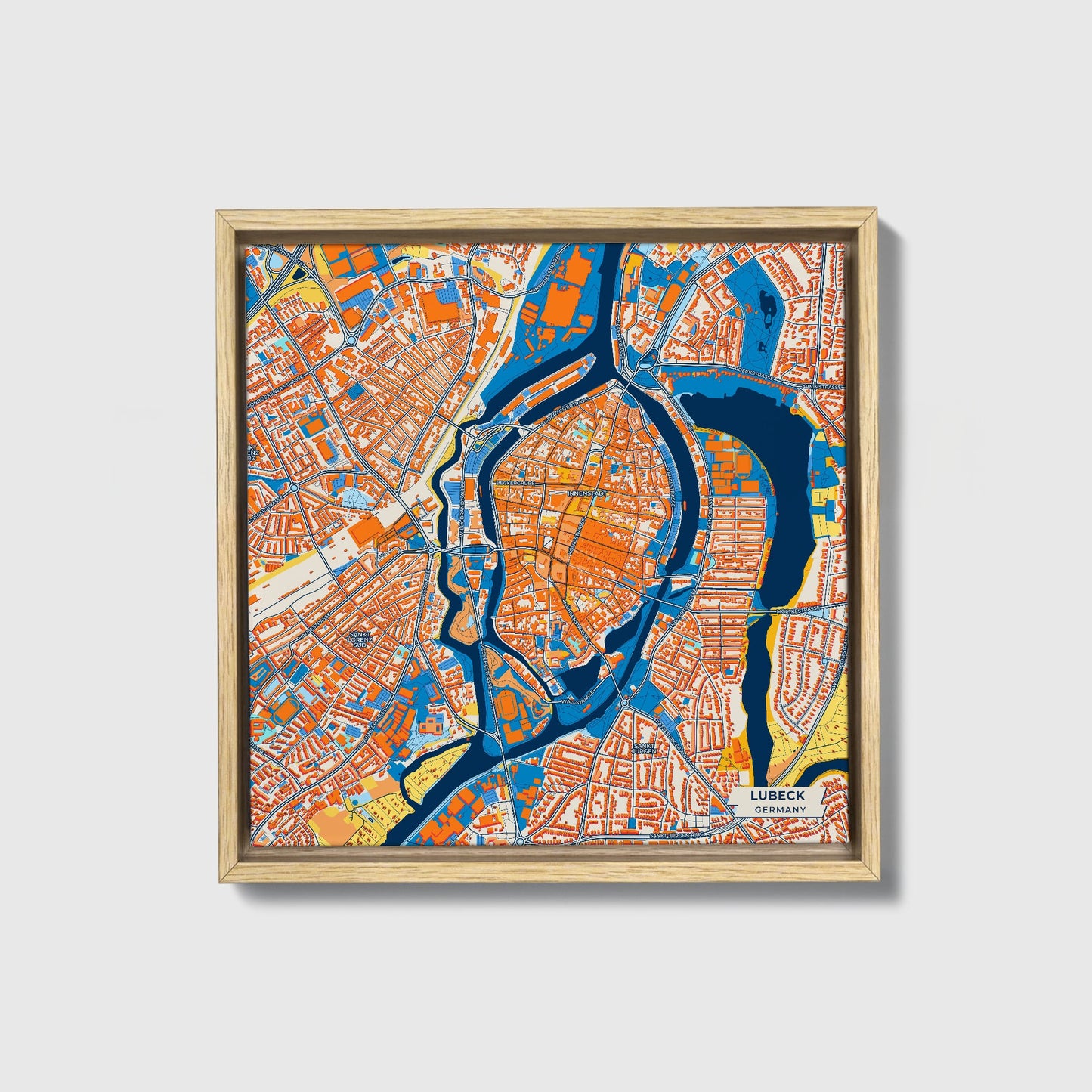 Lübeck Germany Colorful City Map Canvas Print • Natural Wooden Framed